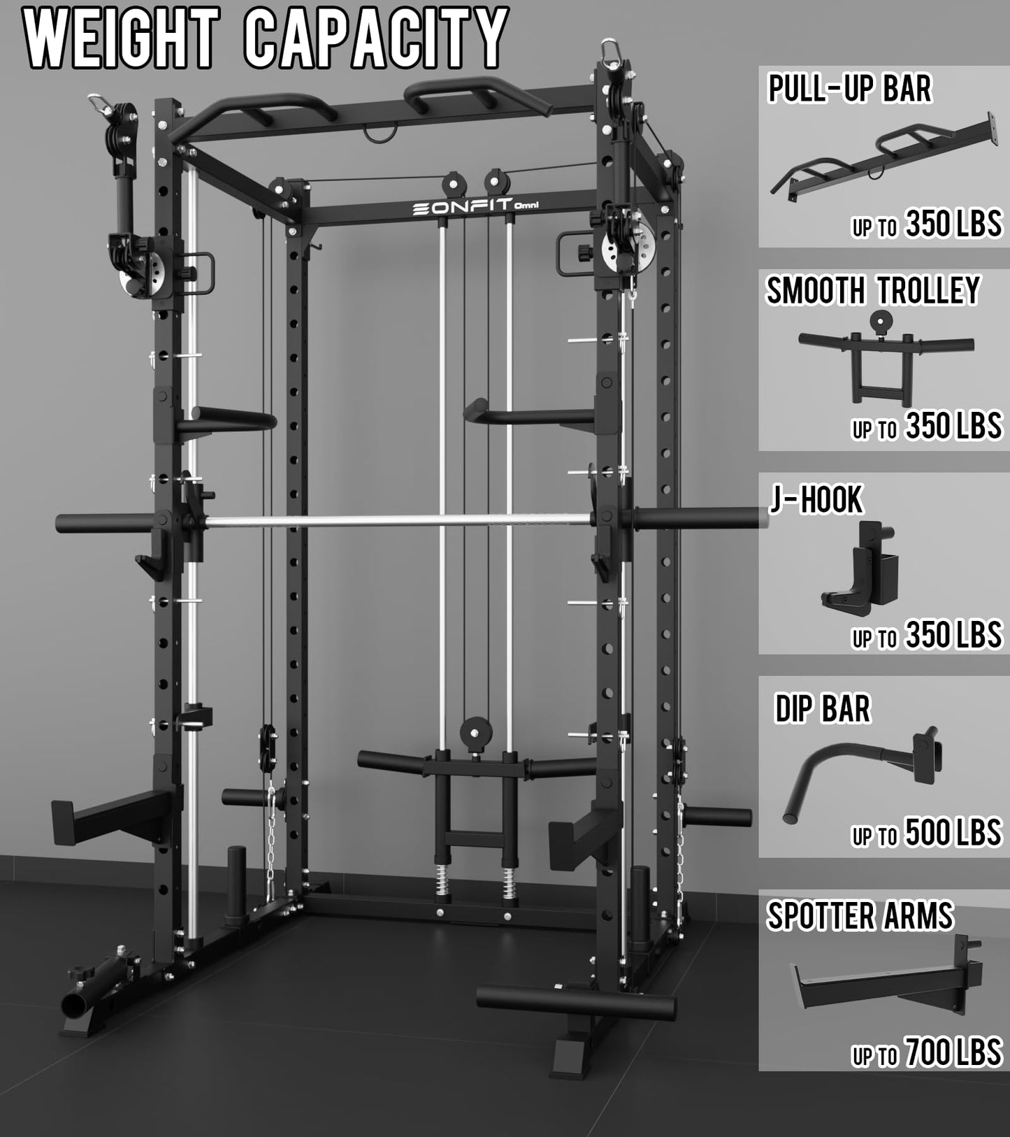Eonfit E3 Smith Machine with 3D Rotating Arm for Home Gym Equipment, Multi-Function Power Cage Squat Rack with Cable Crossover LAT Pulldown Pulley System All in One (Black, PRO)