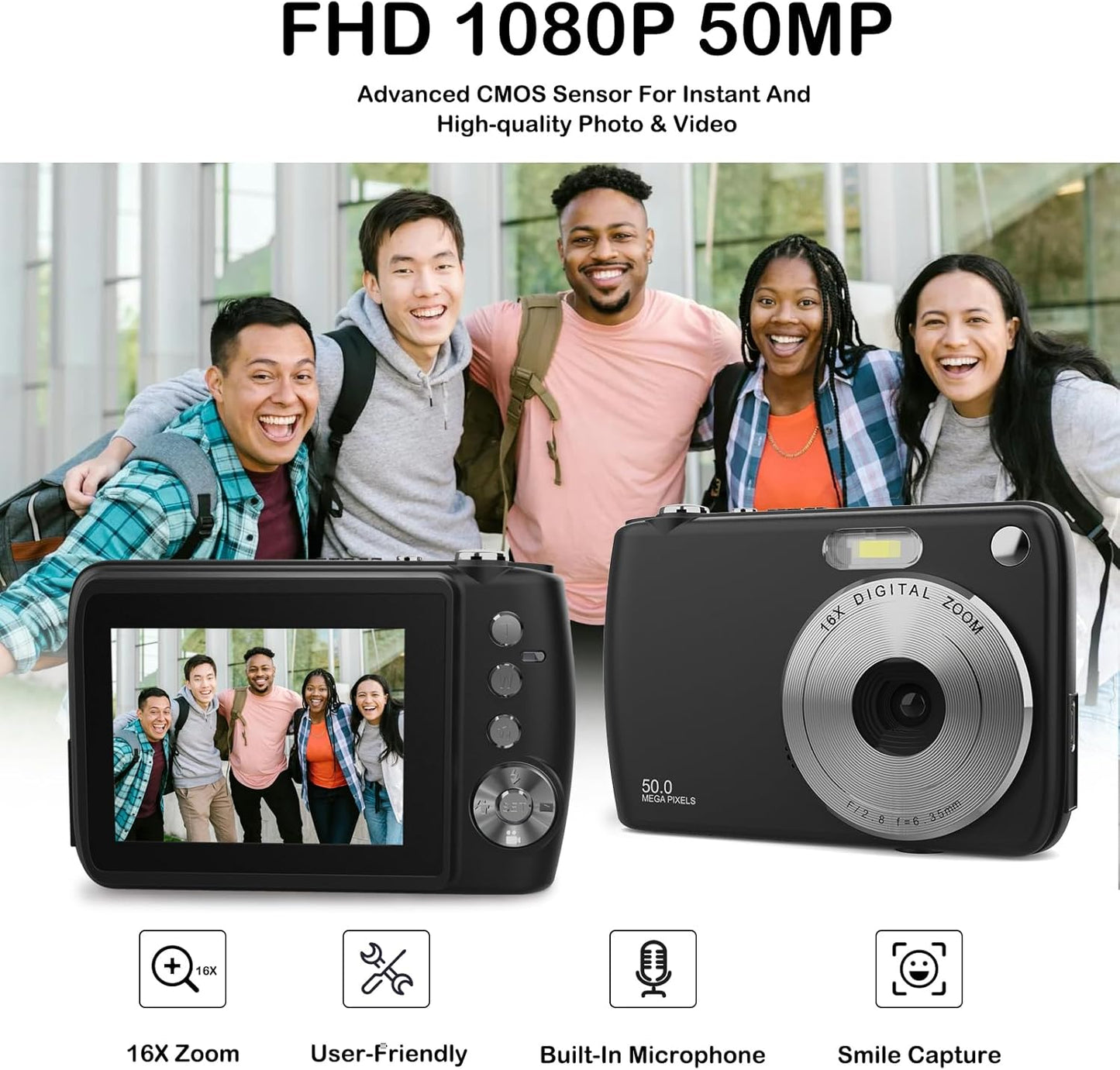 YingCheng 50MP 1080P, 16X Digital Camera, Kids Cameras for FHD Digital Point and Shoot Camera with Zoom Anti Shake