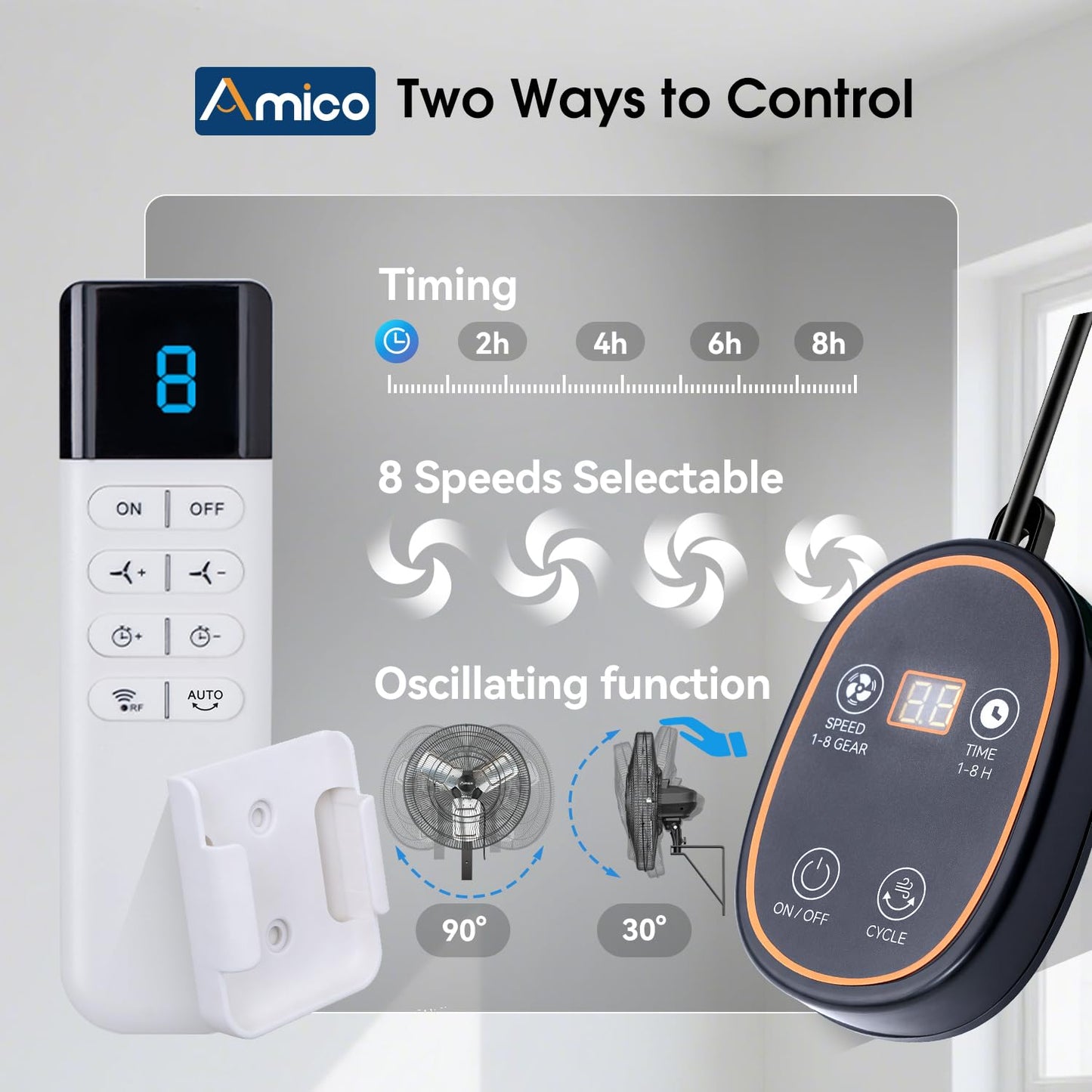 Amico 24 Inch Industrial Wall Mount Fan with Remote Control, DC Motor, 8 Speeds, 8690 CFM High Velocity, Oscillating Shop Fan with Timer for Gym, Patio,Garage, Outdoor