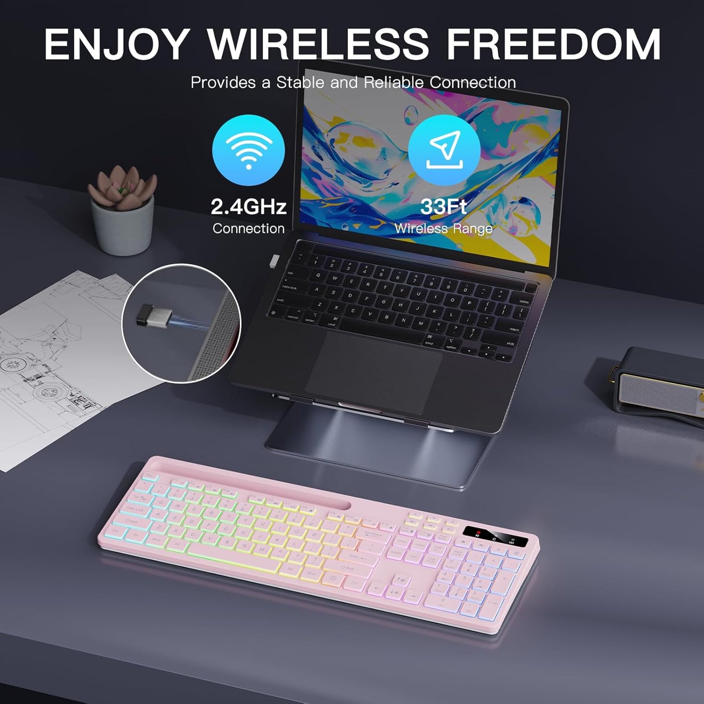 Soueto 7-Color 2.4G Wireless Keyboard with RGB Backlit, Full-Size Computer Keyboard with Phone Tablet Holder