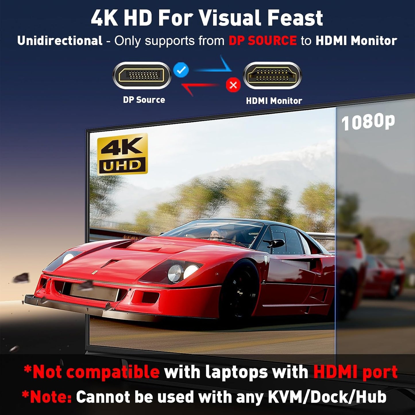 4K 6Ft, 1.2 1.4 4K@30Hz, 2K@60Hz, UANTIN DisplayPort to HDMI Cable Uni-Directional Only, DP (Source) to HDMI (Display)