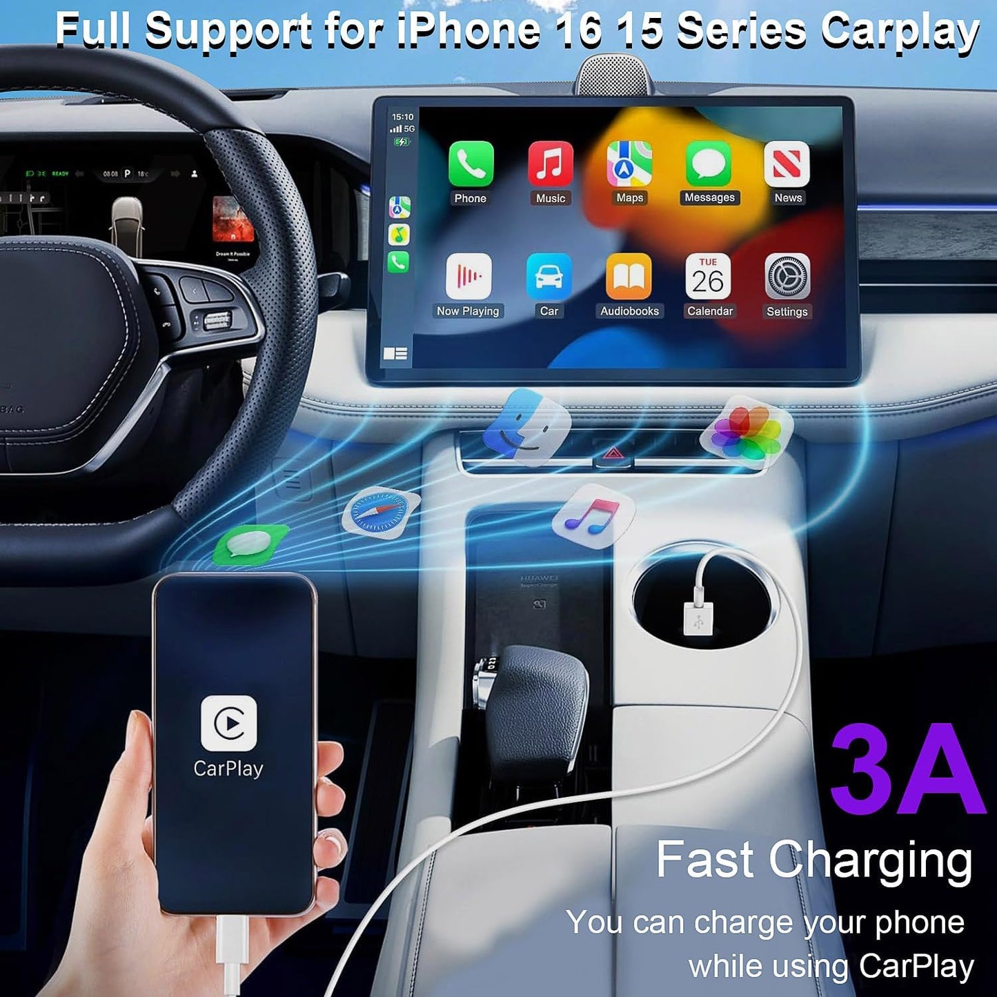 16 15 3FT, 1FT 1FT 15 16 12.9/11-3Pack Car Carplay Cable for iPhone Pro Max Car Charger Short USB A to USB C Cable