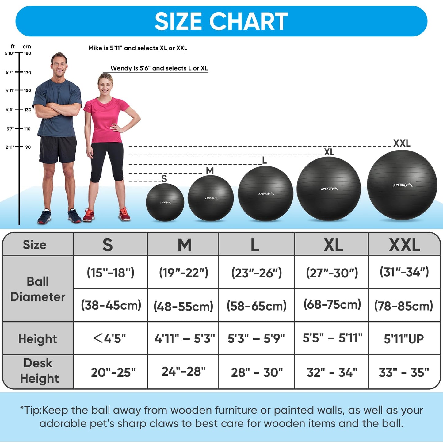 APEXUP Yoga Ball Exercise Ball Anti Slip Heavy Duty for Fitness, Balance & Core Workout, Balance Training, Pregnancy & Physical Therapy, 5 Sizes (L (23"~26") 65cm, Black)