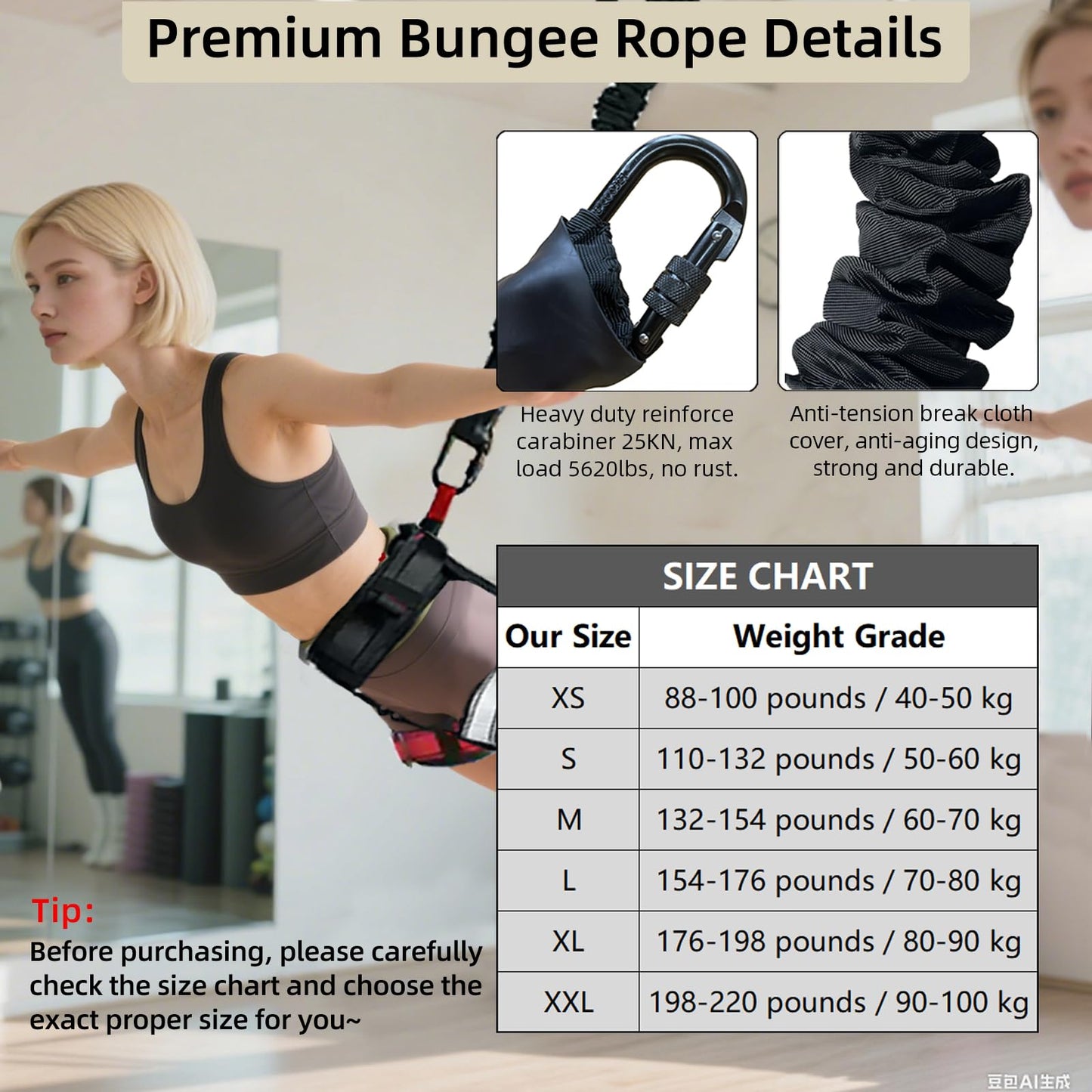 PRIORMAN Professional Bungee Dance Fitness Kit, 6 Sizes, CE Certified Complete Harness Set with Resistance Band & Hanging Hardware for Suspension Training Home & Studio(M)