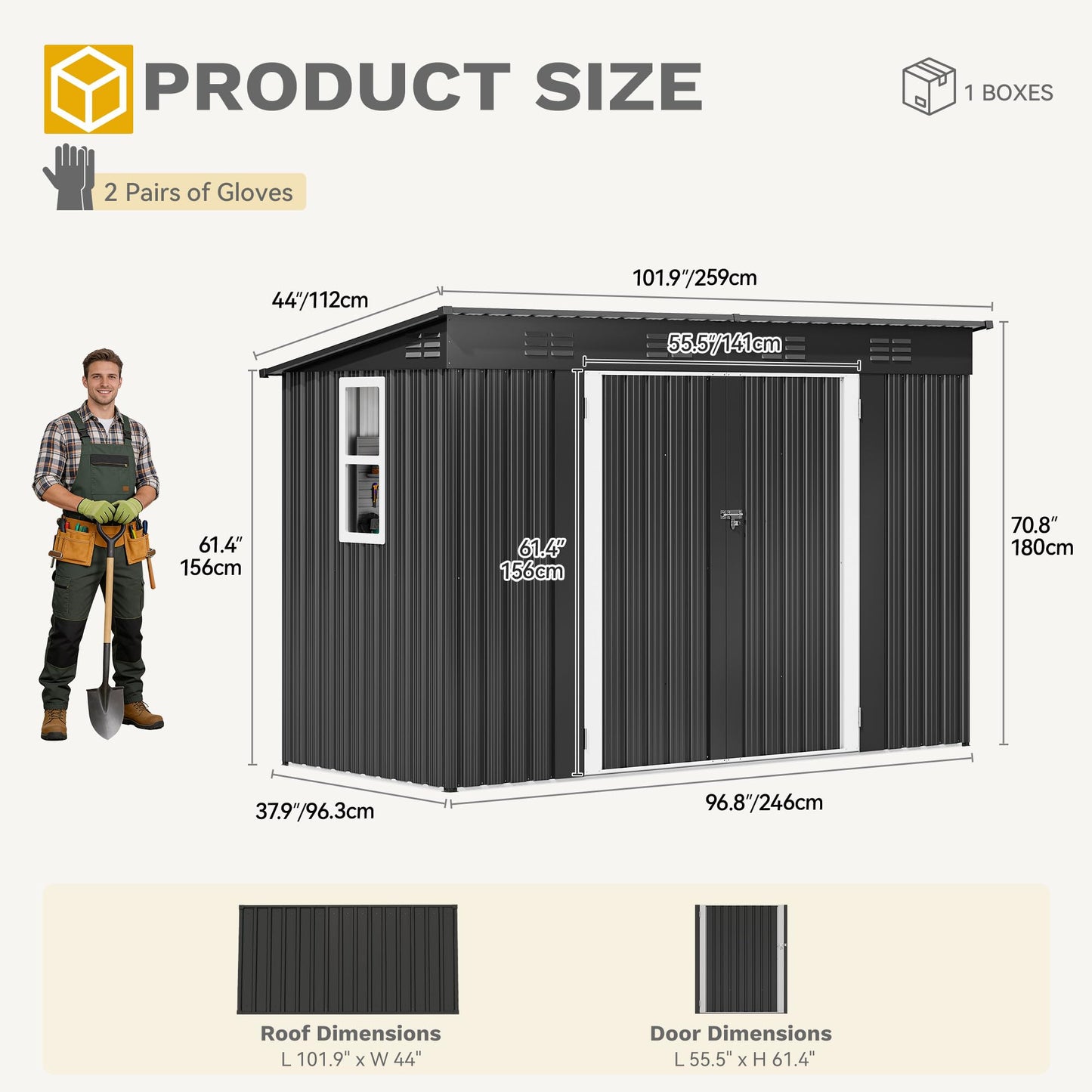 DWVO 8.5x3.5ft Large Tool Storage Shed with Window, Lockable Doors, and Sloped Roof, Oversized Steel Outdoor Storage Shed for Garden, Patio, Garage, Backyard, Lawn - Dark Gray