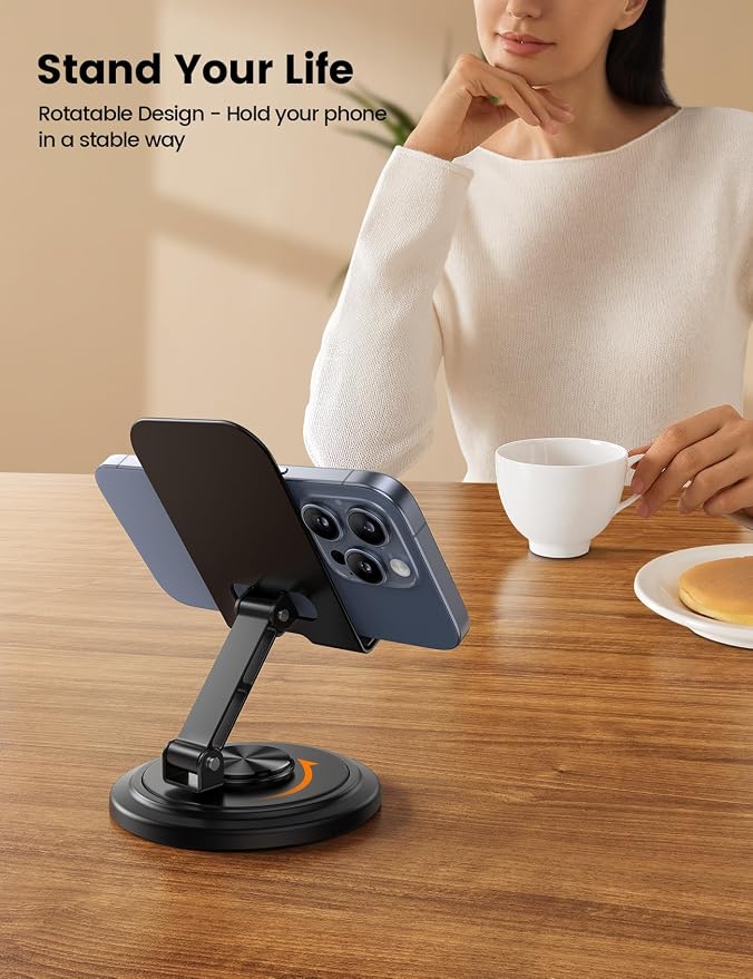 Lamicall Cell Phone Stand for Desk - [360° Rotation] Sturdy Adjustable Desktop Phone Holder, Foldable Mobile Stand, Office Gaming Desk Accessories Gifts for iPhone 17 16 15 Pro Max, Galaxy S26, Switch