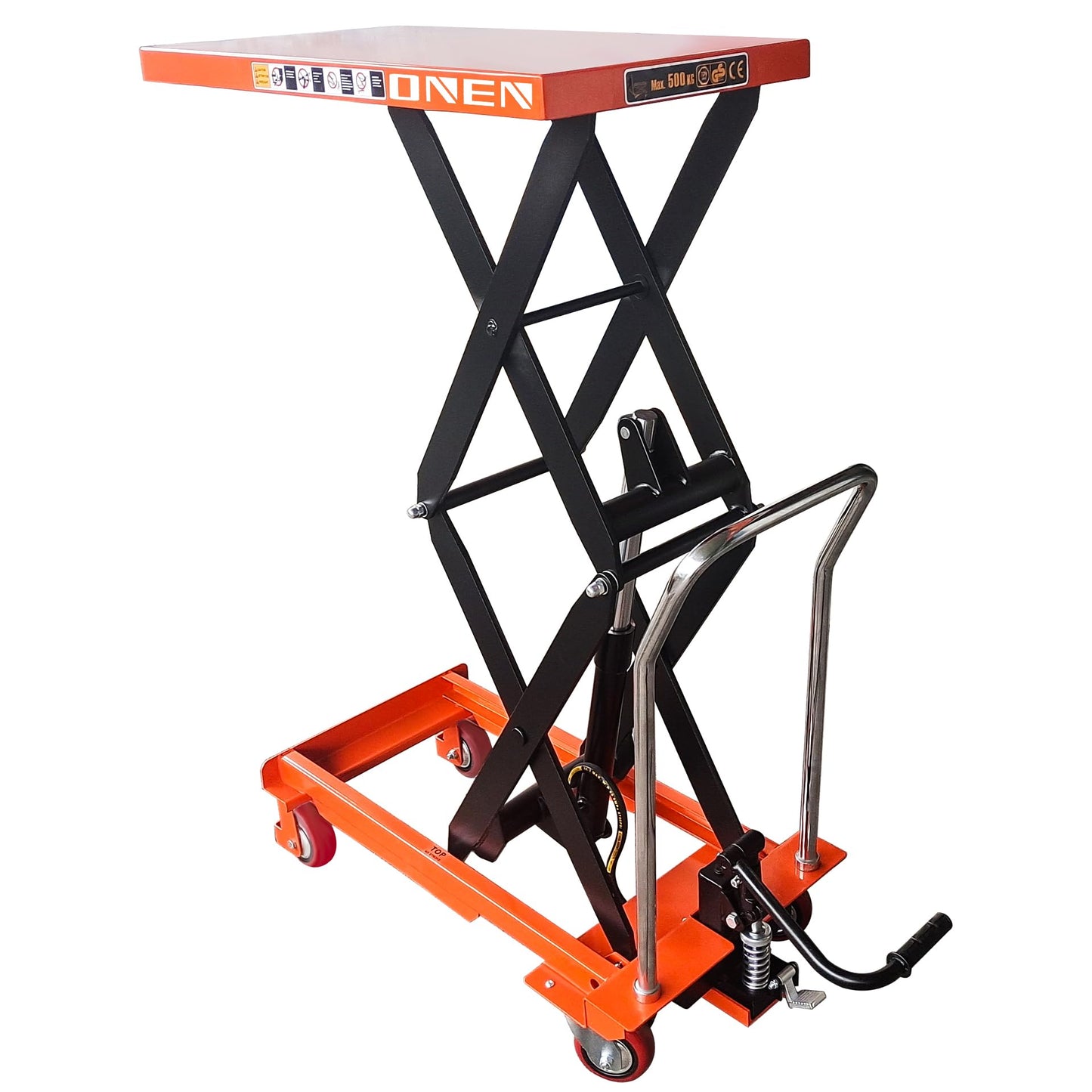 ONEN Hydraulic Scissor X-Frame Lift 1102 LBS Lifting Capacity, 59 in Lifting Height, Manual Scissor Lift Table with 4 Lockable Wheels & Foot Pump, Elevating Hydraulic Cart for Material Handling