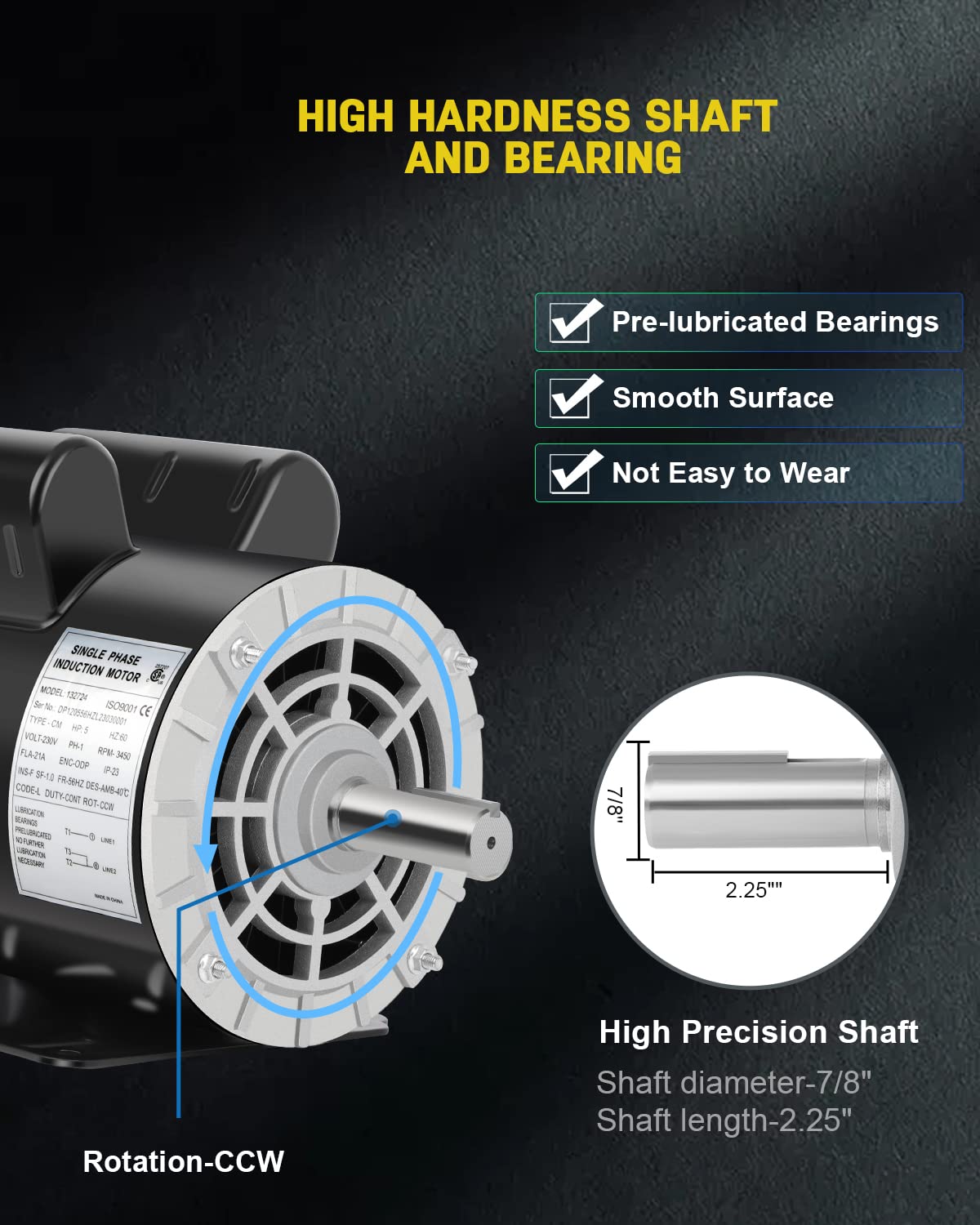 5 HP Air Compressor Motor, 3450 RPM Electric Motor, 230V Single Phase Motor, 56HZ Frame 7/8"Keyed Shaft 60 Hz, Commercial-Duty CCW Rotation, 2.25" Shaft Length for Air Compressors