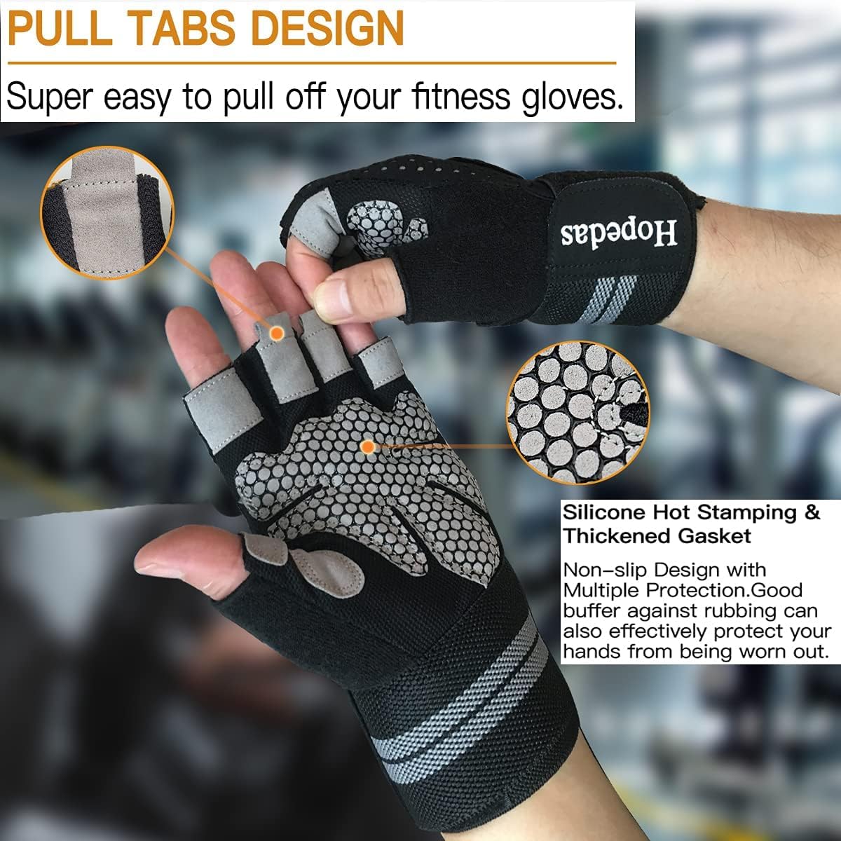 Hopedas Workout Gloves Gym Weight Lifting Gloves with Wrist Wrap Support for Men & Women,Breathable Fingerless Exercise Gloves,for Fitness,Training，Pull ups，Full Palm Protection-Black