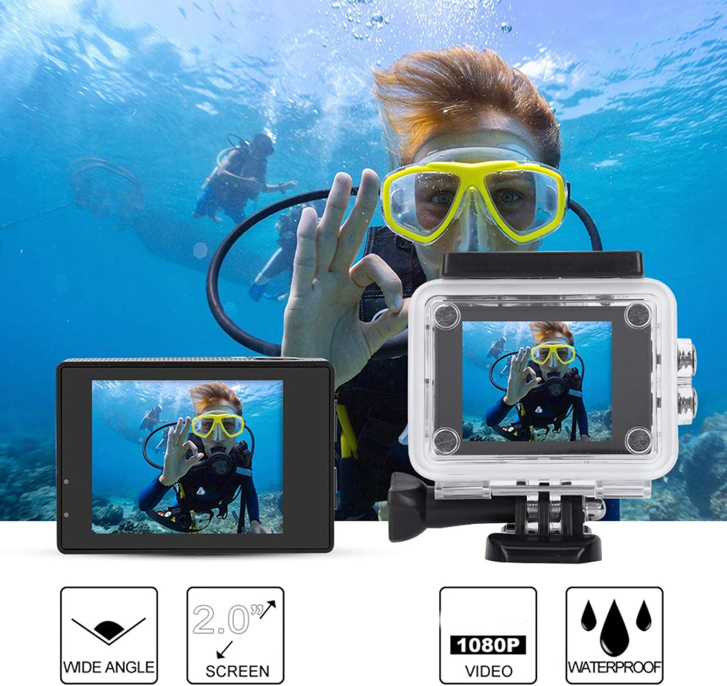 ASHATA A7 1080P 2.0in 30m 140 900mAh Action Camera Camcorder, HD, Screen, Waterproof, Wide Angle, Battery, Black