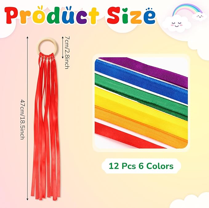 Deekin 12 Pcs Rainbow Ribbon Wooden Waldorf Toys Creative Waldorf Hand Kite Set Streamers with Wood Ring Sensory Learning Educational Toy for Playroom Dancing Birthday(Stylish Color)
