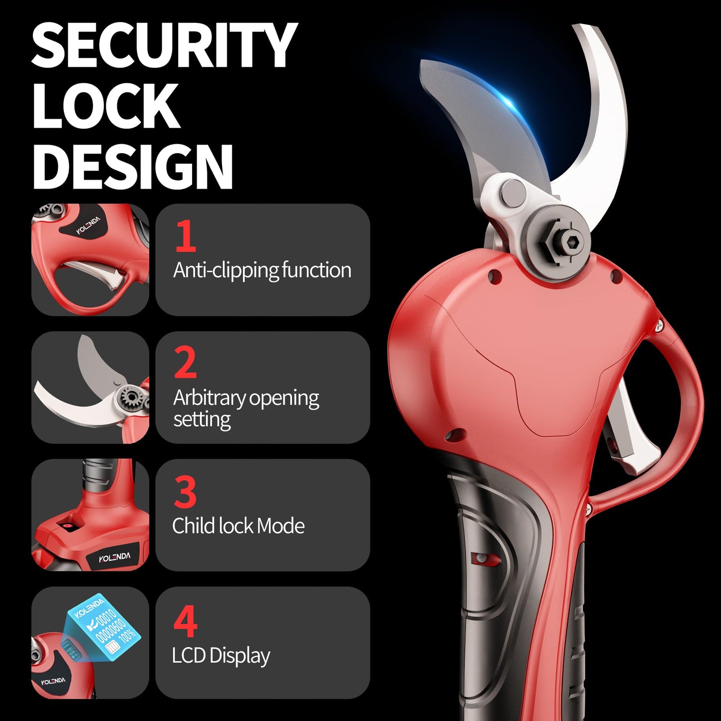 KOLENDA 21V Cordless Electric Pruning Shears 42mm(1.65") Cut Diameter, Battery Powered Pruning Shears with Adjustable Blades, Brushless Motor 2Pack 2AH Rechargeable Battery-LCD Display Screen (6642M）