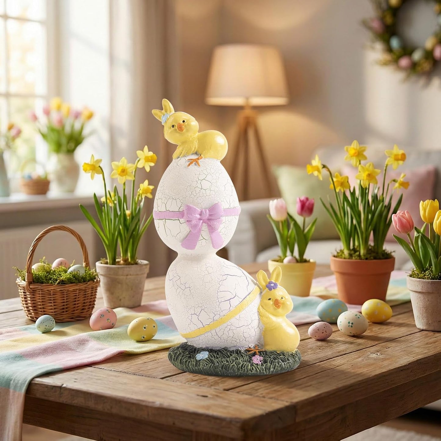 Skiennix Lighted Easter Eggs Figurines - Cute 6.5" H Purple & Green Resin Statues for Spring Decor