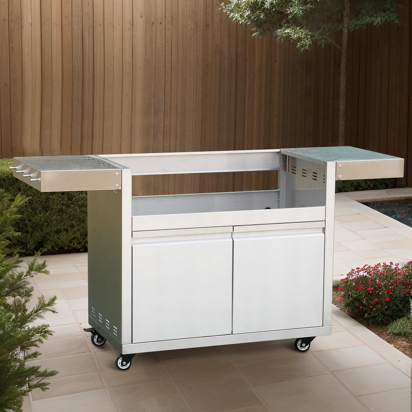 Stainless Steel Grill Cart for Hygrill 5-Burner Built-In Gas Grill, Outdoor Kitchen Island with Foldable Side Shelves and Storage Cabinet