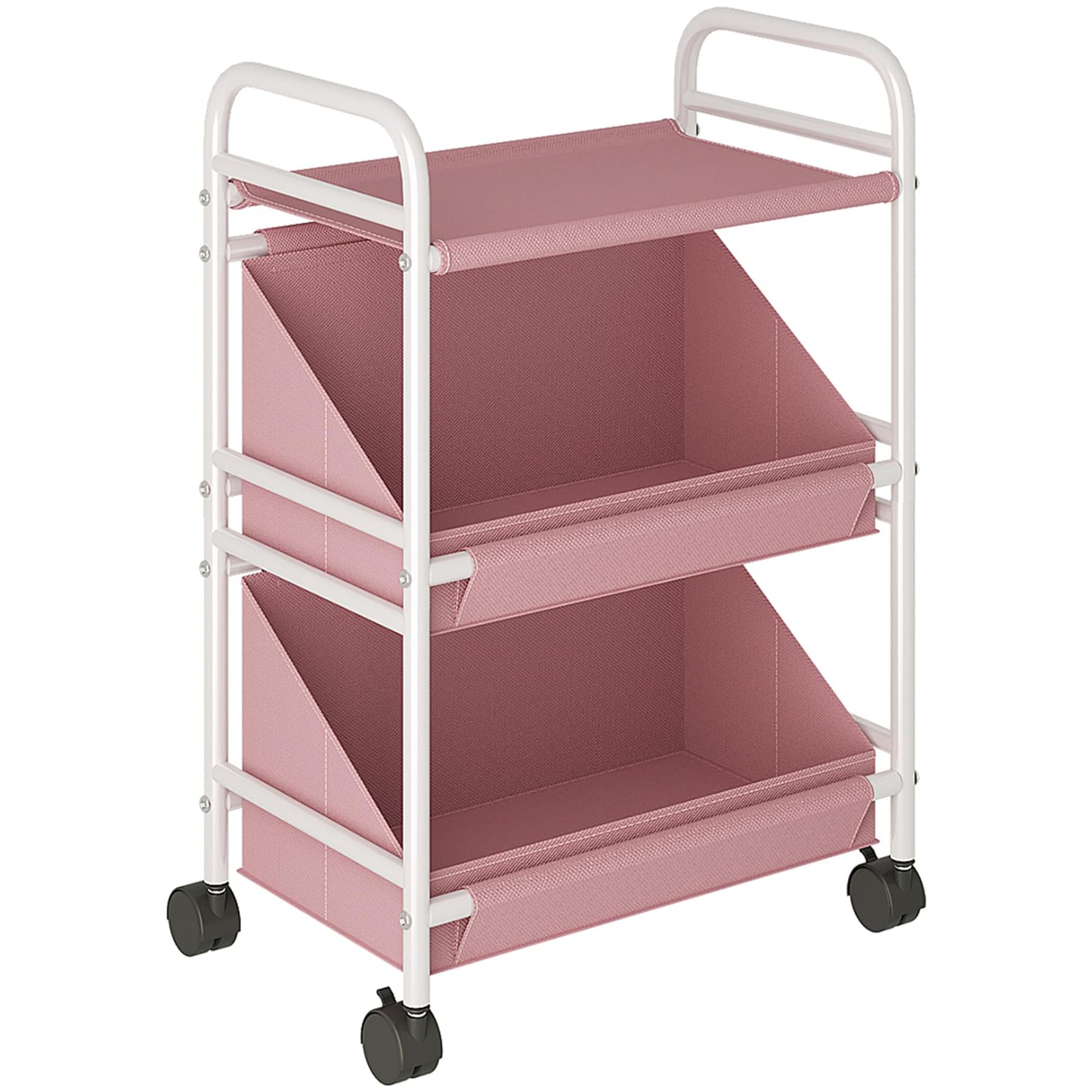 Buzowruil Utility Rolling Fabric Storage Rack Trolley Toy Cart Trolley with 2 Large Storage Boxes,Wheels, Suitable for Bedroom, Living Room, Entryway, Pink