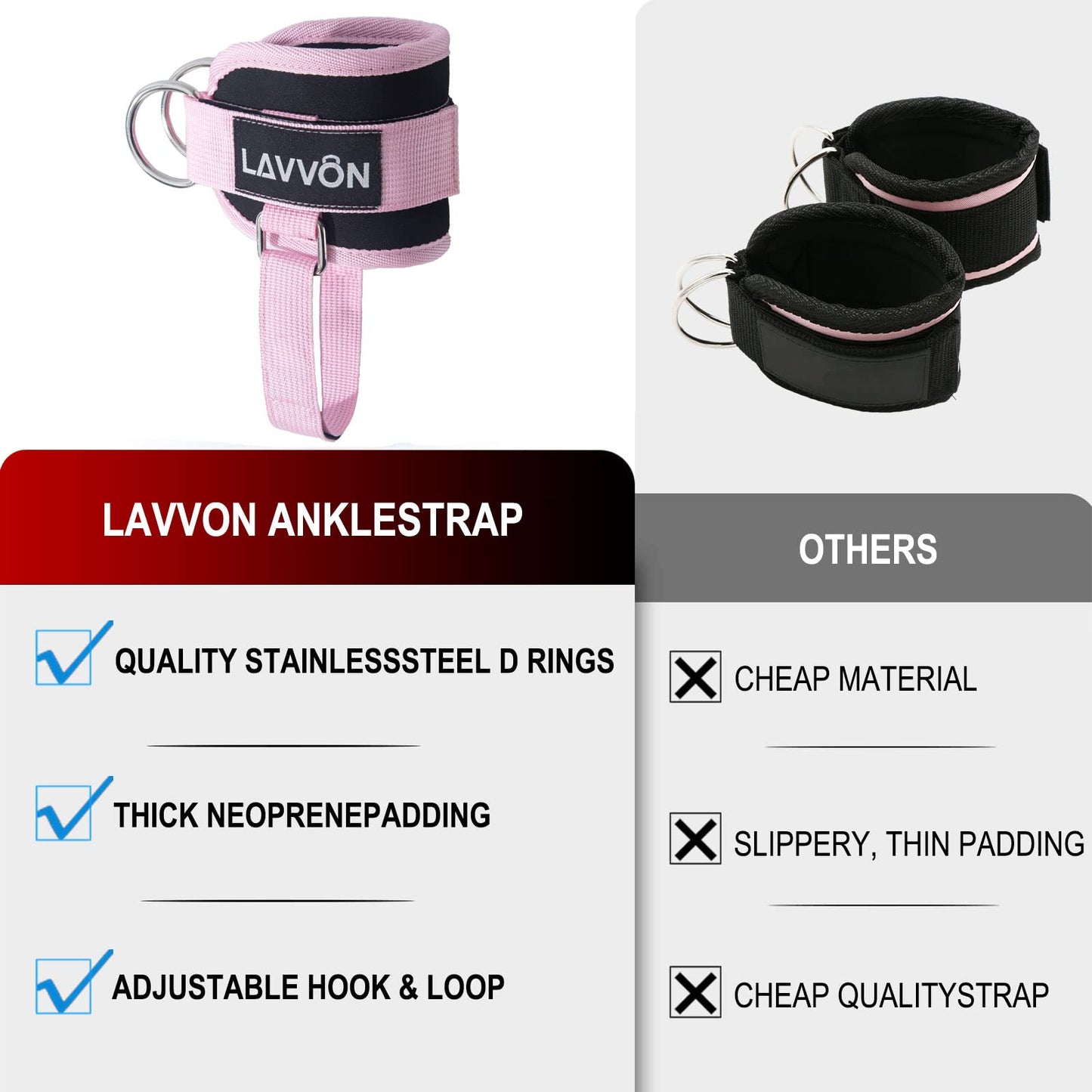 LAVVON Ankle Straps for Cable Machines Kickbacks - Adjustable Comfort Ankle Cable Attachments for Gym Ankle Cuff Cable Machine Glute Kickback Straps - Leg Extensions, Curls & Ankle Cuffs Women