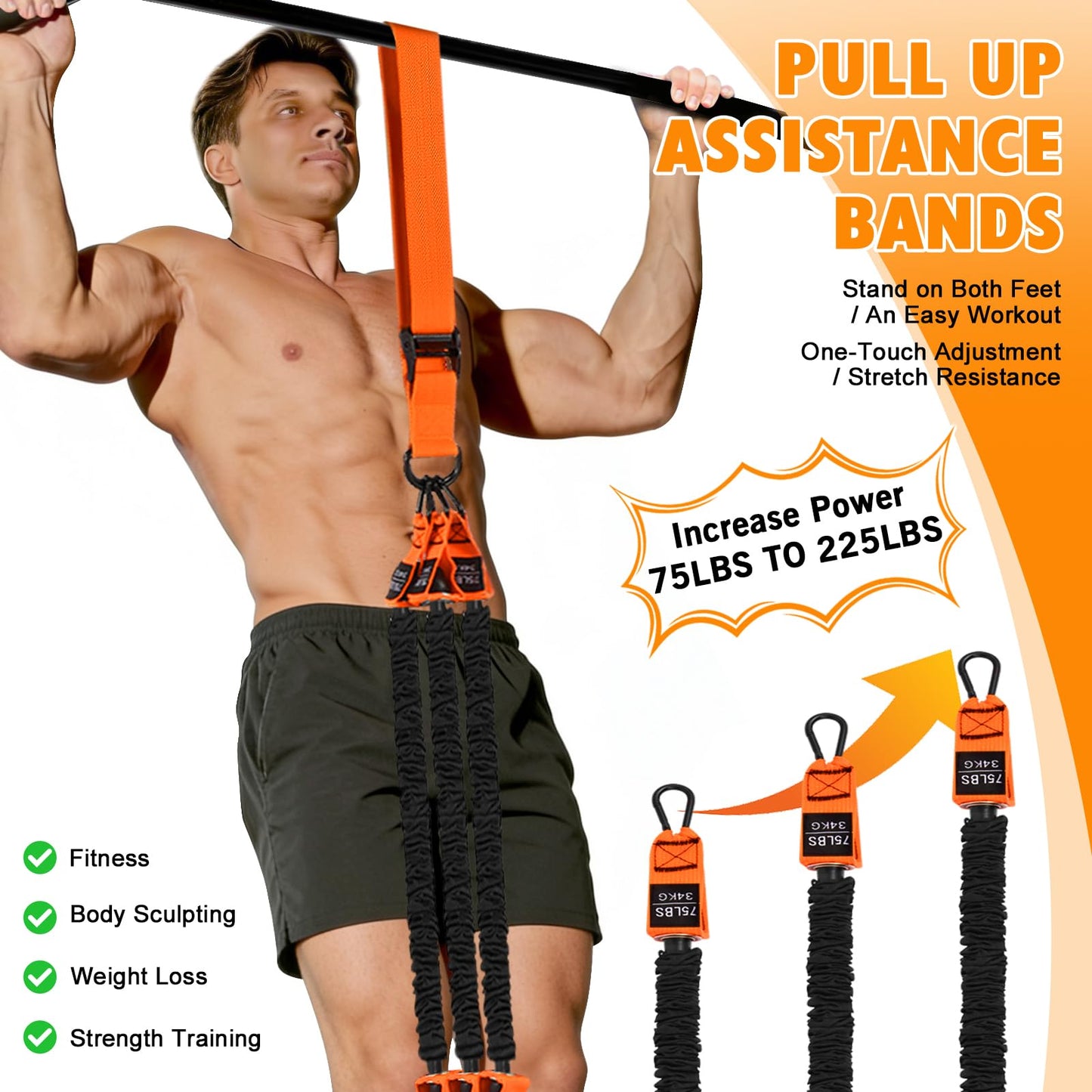 Pull Up Assistance Bands Set,3 Heavy Duty Pull-Up Bar Resistance Bands,Adjustable Weight/Height,Training Equipment with Handle and Foot Rest Unisex for Home & Gym/Muscle/Strength Training（Orange）