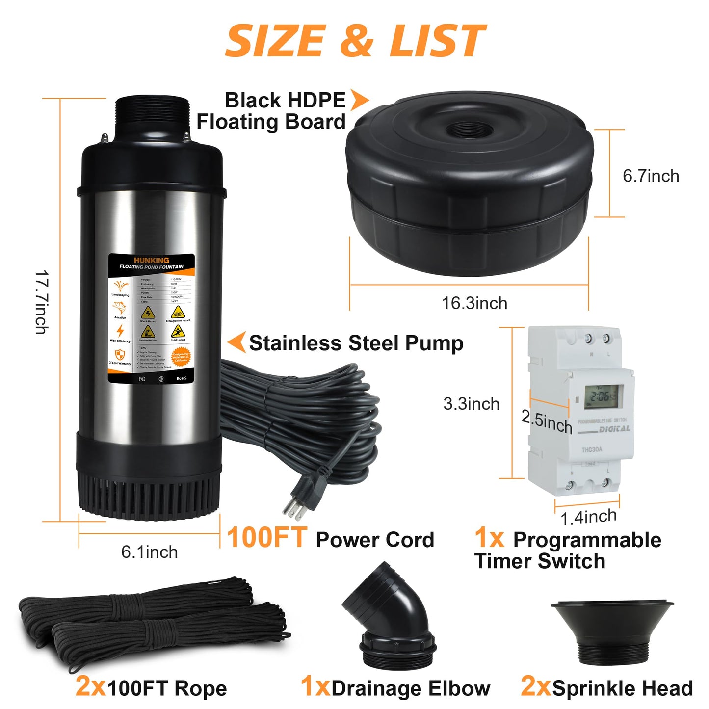 HUNKING Pond Fountain Aerator, 1HP 16000 GPH 750W 110V/120V Stainless Steel Floating Fountain Pump with 100ft Power Cord & Rope & Timer for Small Large Outdoor Ponds & Lakes
