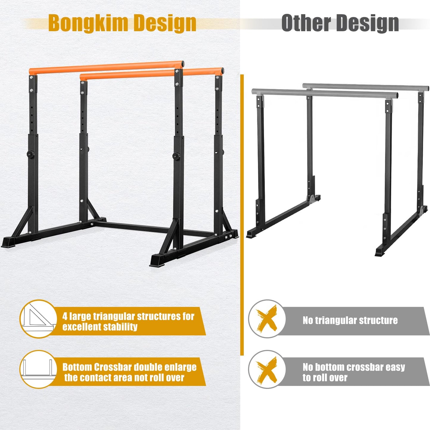 Bongkim Dip Bar, Heavy Duty Dip Station with 7 Height Levels, 800lbs Adjustable Parallel Bars for Tricep Dips Pull-Ups L-Sits Calisthenics Exercises Strength Training for Home Gym Outdoor (Orange)