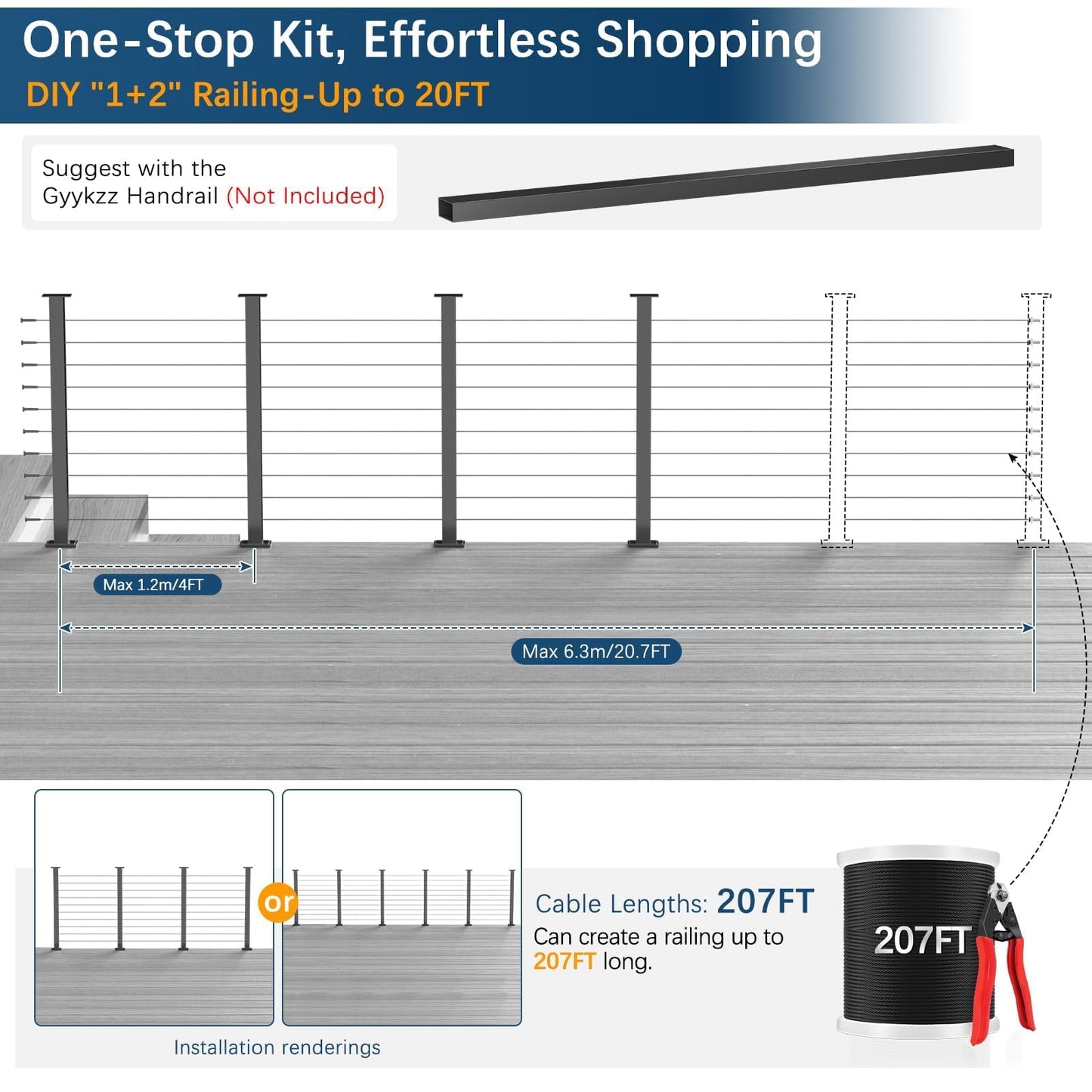 Gyykzz 36" 12–20FT Swageless Cable Railing Kit, Black Modular Railing System 4 Level Post Kit with Patented No-Crimp Terminals, Cable Length Adjustable Easy DIY for Deck, Stair, Balcony (No Handrail)