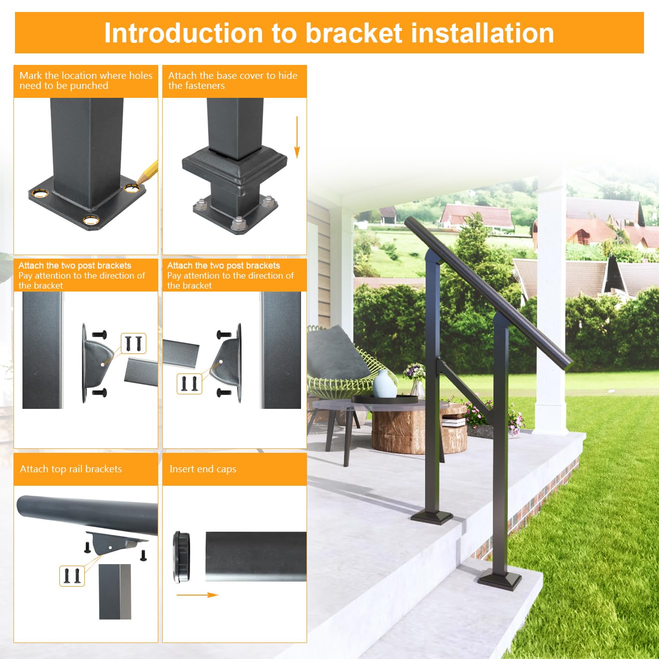 DIYHD 5 Step Handrail for Outdoor,Powder Coated Iron Stair Railing,Black Hand Rails for Indoor, Porch,Deck,2 Pack