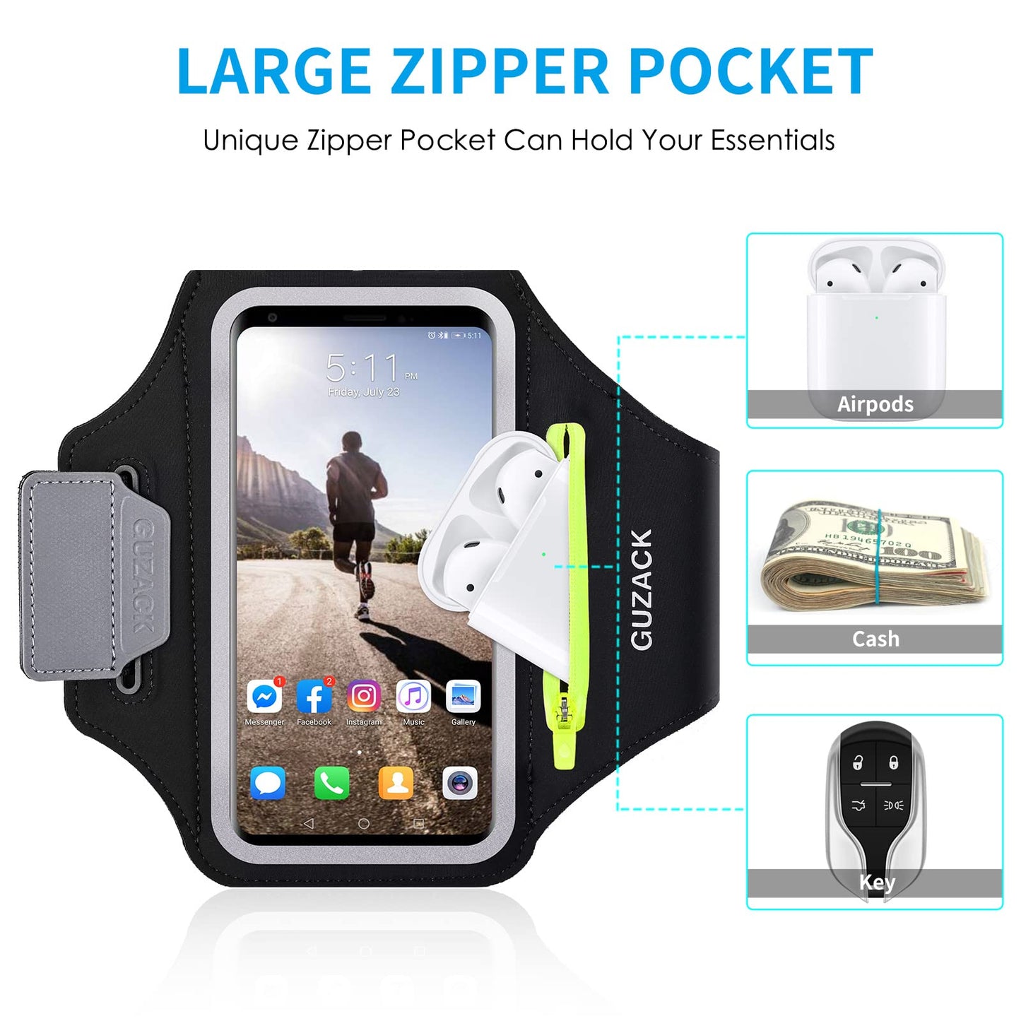 GUZACK Running Armband for iPhone 17 16 15 14 13 12 Pro Max/Plus/XR/XS, Galaxy S25/S24/S23/S22, with Card Slot & Key Pockets, Sports Arm Bands Cell Phone Holder Fit Up to 6.9 Inches Phone