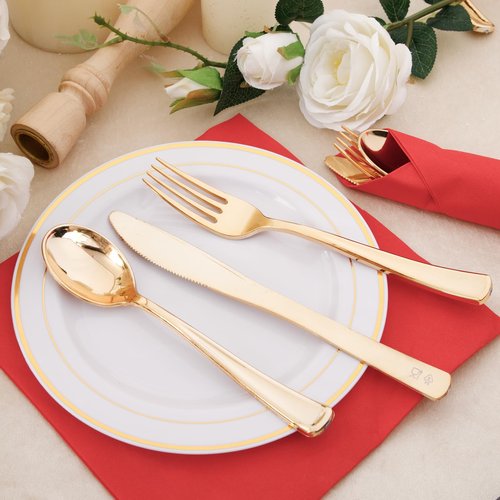 Nervure 400PCS Pre Rolled Gold Plastic Silverware Sets - Heavy Duty Gold Cutlery - Include 100 Pack Wrapped Disposable Utensils with Red Napkins for Christmas & Party & Wedding