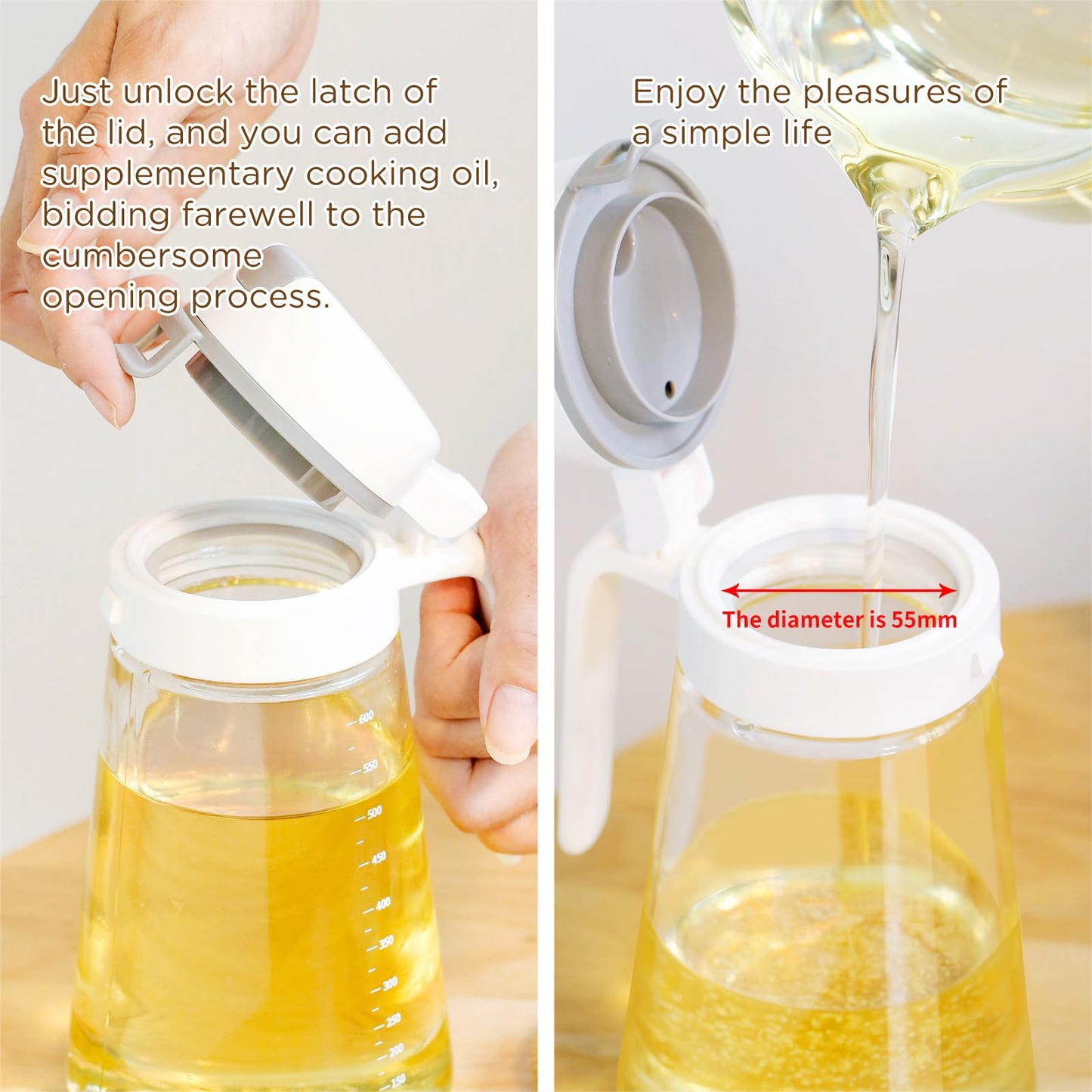 Meterga Auto Flip Glass Olive Oil Dispenser, Clear Glass Bottle with Scale, Dispenser for Kitchen, Olive Oil Cruet | 29oz