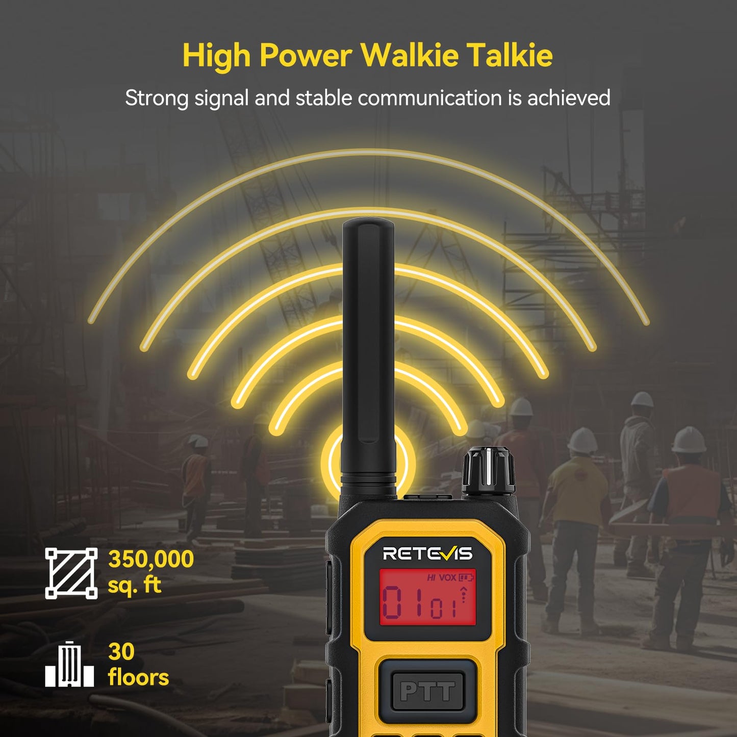 Retevis RB48 Plus IP67 Waterproof Heavy Duty Long Range Walkie Talkies, GMRS Radio, Construction Jobsite Two Way Radio, NOAA, Shock Resistant, Dual PTT, Emergency, Vibration Reminder(4 Pack)
