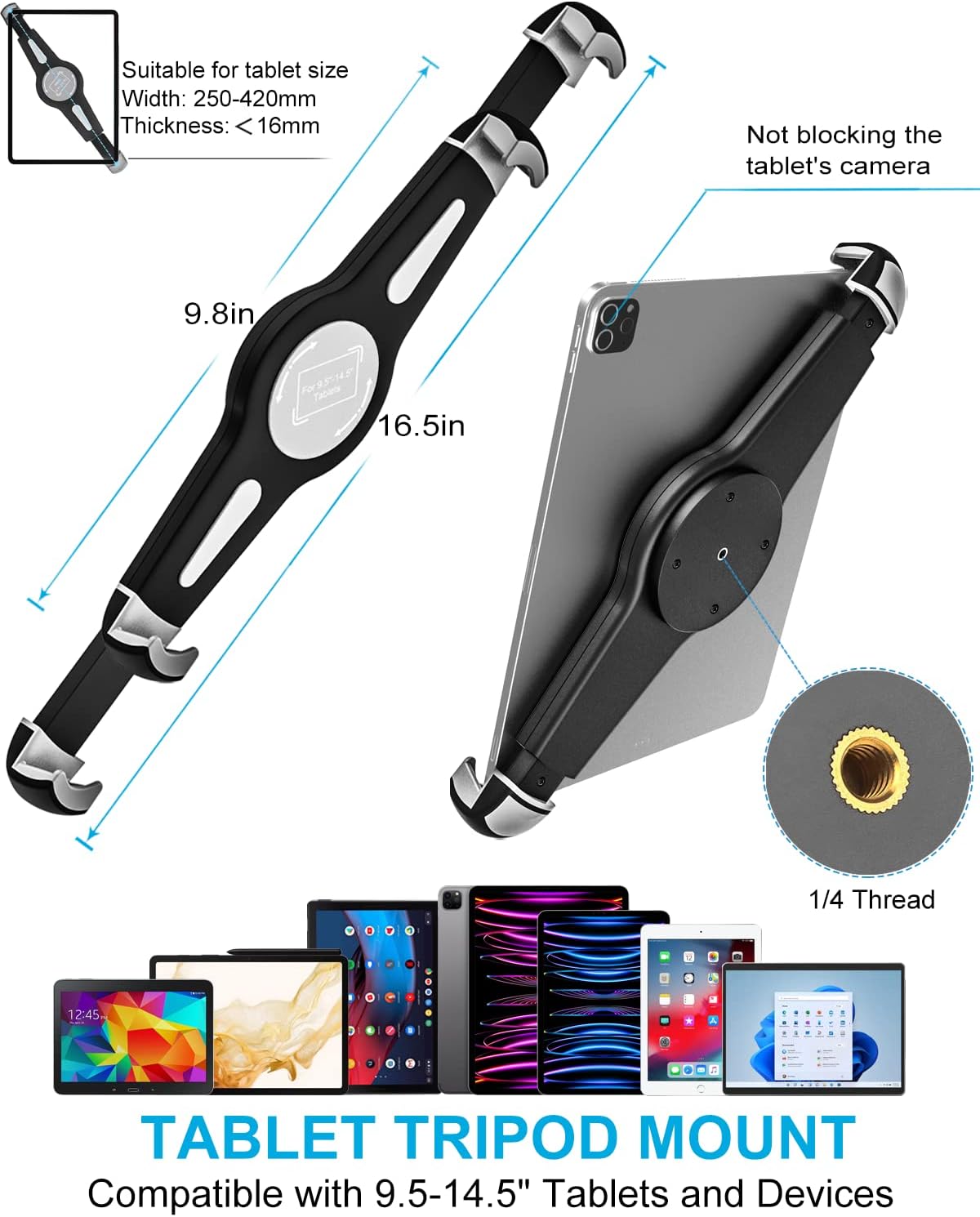 woleyi 1/4'' (9.5-14.5) Car Seat Rail Tablet Mount for Truck, Aluminum Gooseneck Car Floor Bolt Tablet Holder Camera