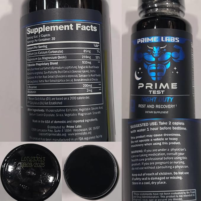 Prime Labs Night Duty - Nighttime Testosterone Booster & Sleep Support - PM Rest & Muscle Recovery Supplements - 60 Count