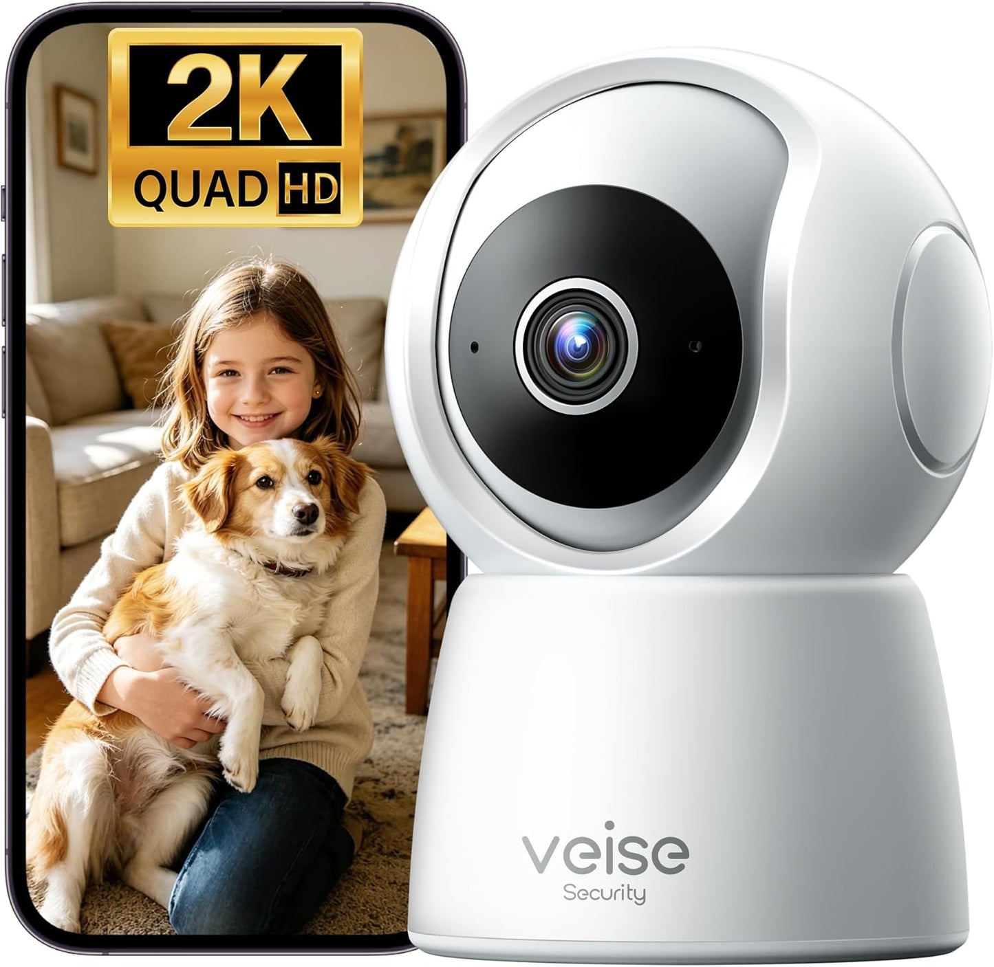 Veise 2K 360 2-Way 2.4GHz Indoor Camera for Home Security, Wireless WiFi Pet & Baby Monitor with Phone App, AI Motion