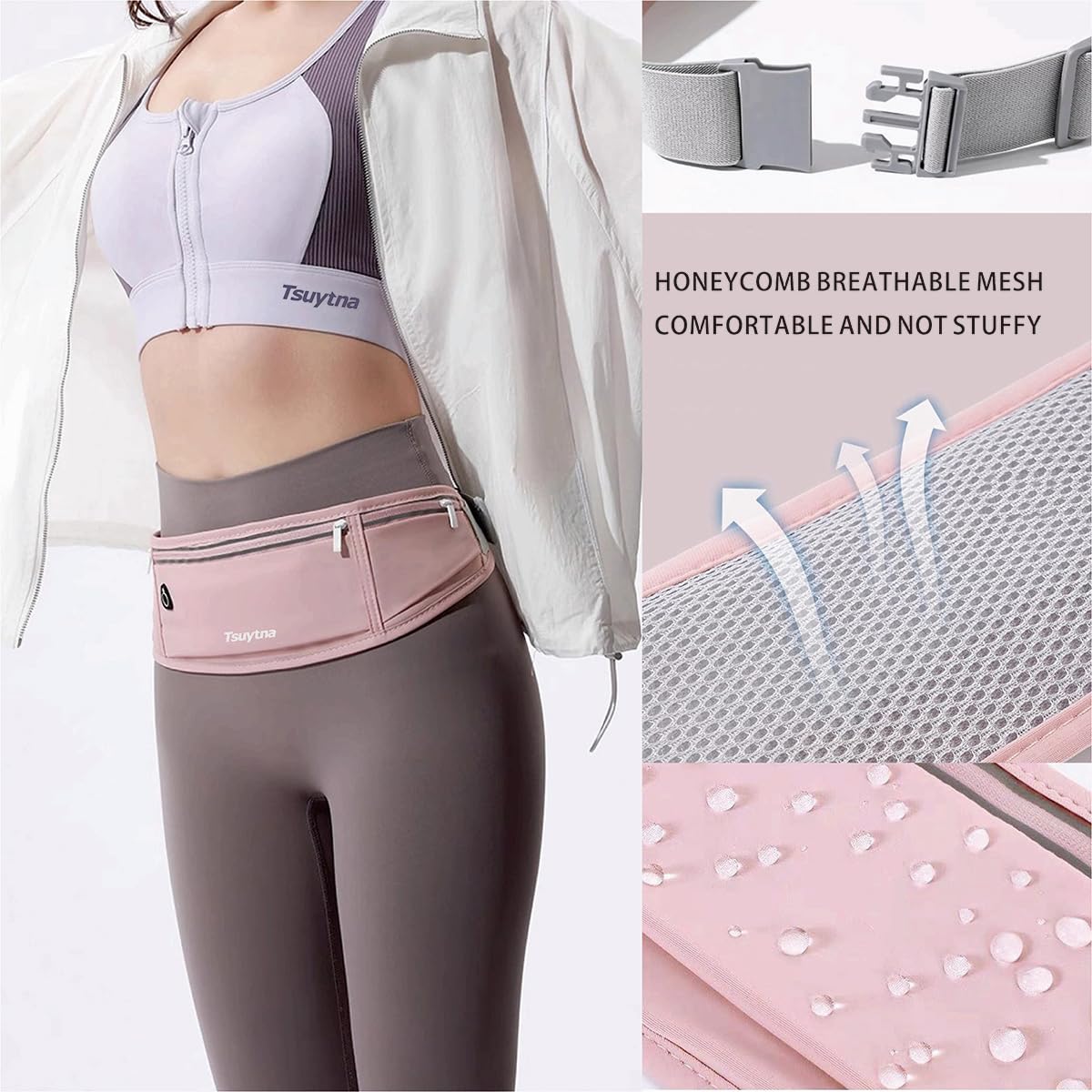 TSUYTNA Running Belt for Women & Men - Slim Phone running belt with Water-Resistant Phone Holder, 3 pockets Adjustable Waist Strap, Reflective Safety Design for Running, Hiking, Travel，Fitness (Pink)