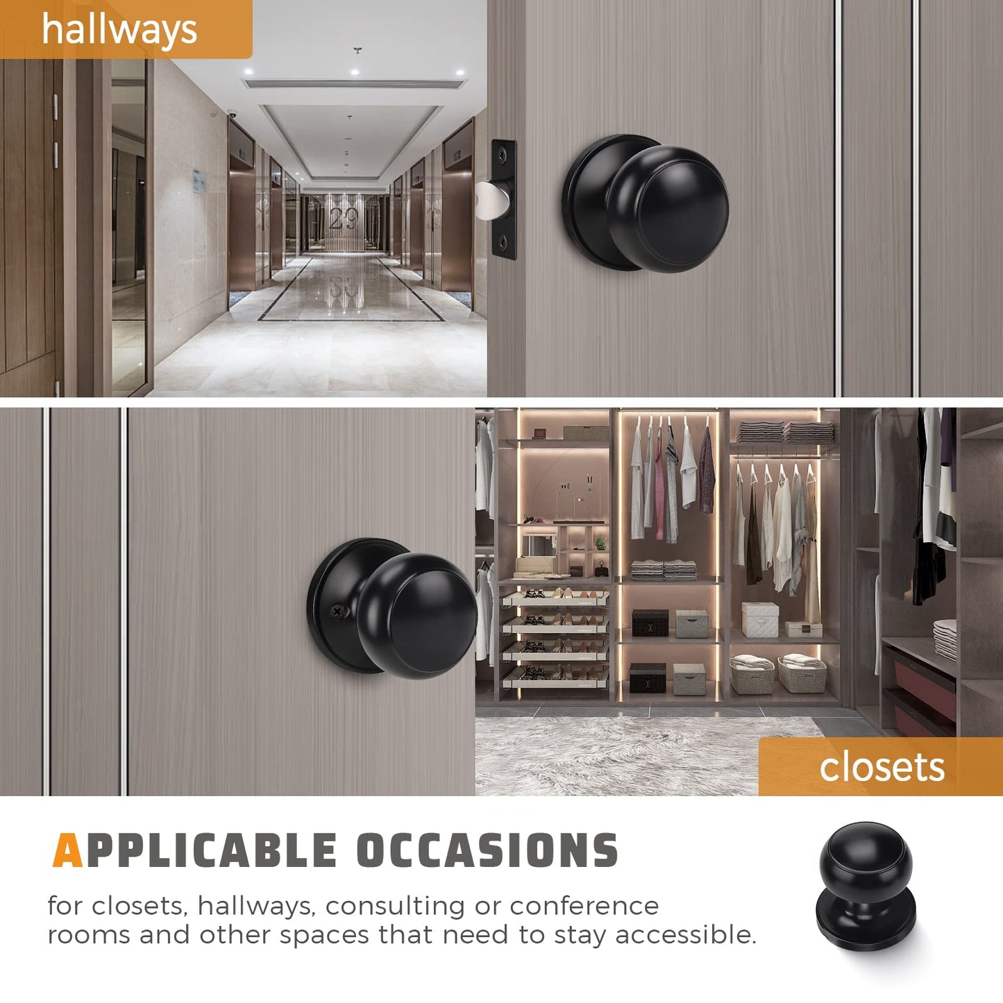KNOBWELL 6 Pack Matte Black Door Knob - Round Interior Door Handles for Hallway & Closet, Non-Locking Passage Door Knobs with Durable Lockset, Easy Install