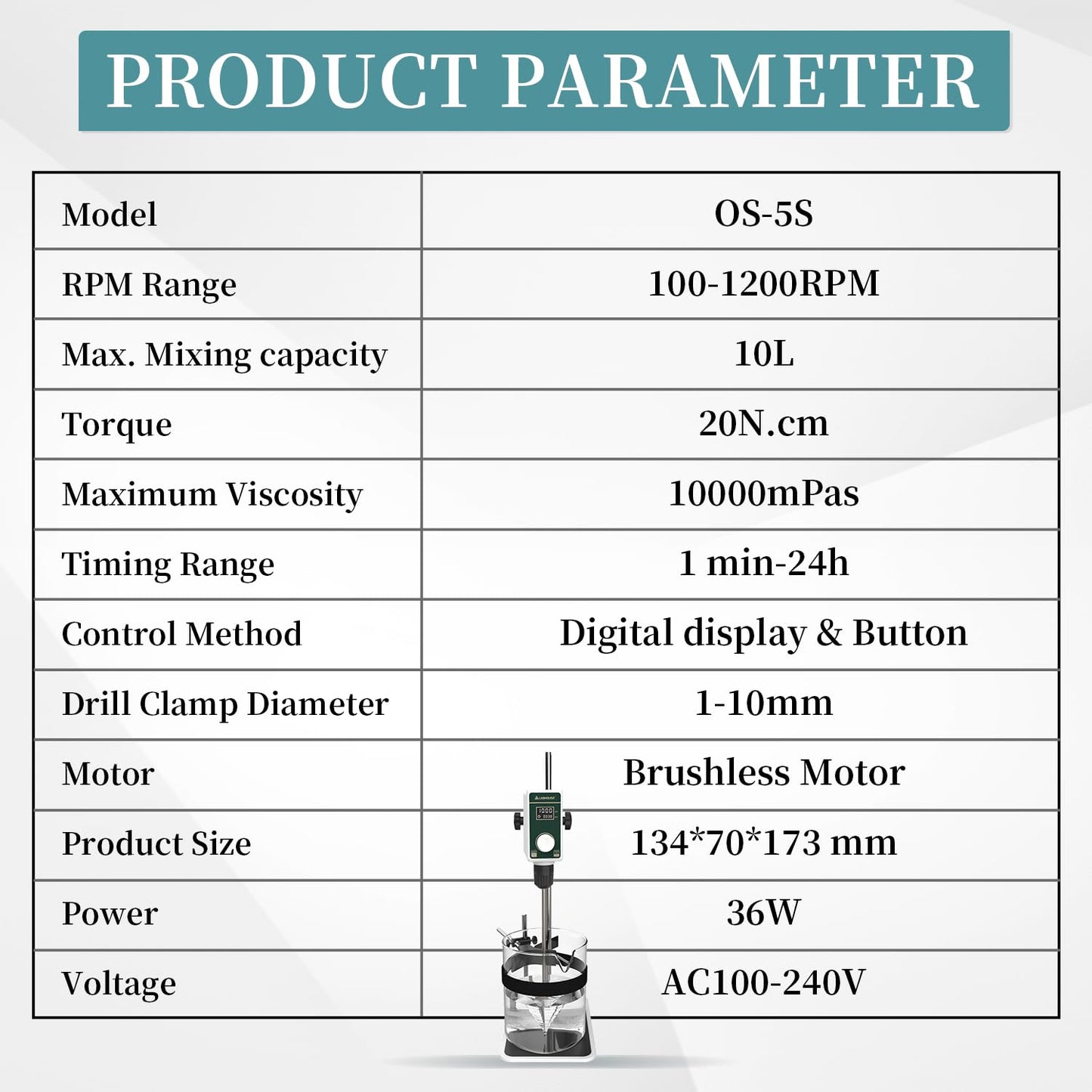 LABHOUSE OS-5S Digital Overhead Stirrer 10L(H₂O) Lab Stirrer Flat-Base Stainless Steel Stand & 2 Stirring Paddles & Beaker Holder | 100-1200RPM,10000 mPas,Timing 1min-24h