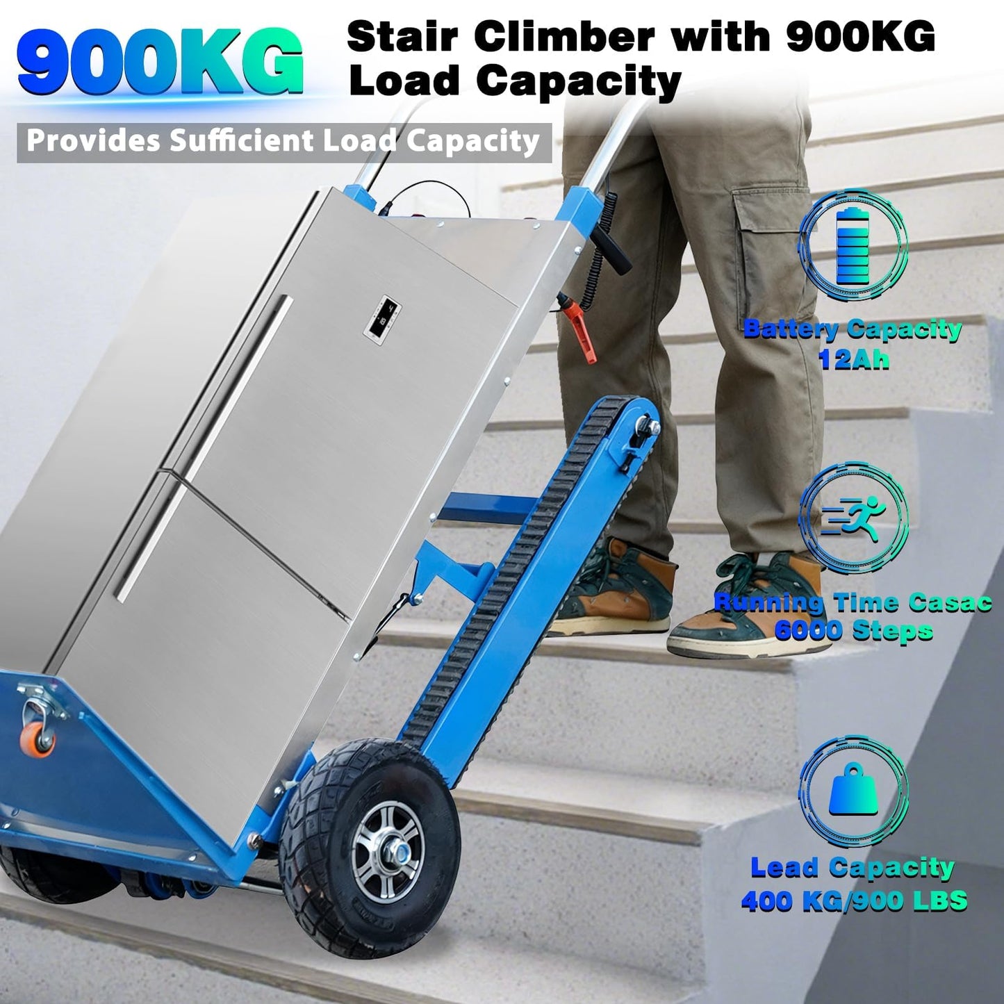 Electric Stair Climbing Dolly, Heavy Duty Stair Climber 900lbs Capacity 1250W Motorized Hand Truck with Ropes & Foldable Design for Moving Furniture