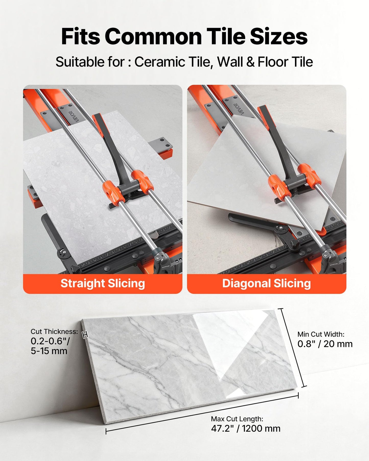 VEVOR 47.2-Inch Manual Tile Cutter, Upgraded Sliding Head Cutting Tool with Spring-Loaded Base, Angle Fence, Tungsten Carbide Cutting Wheel, Alignment Guide, for DIY Pros, Ceramic, Floor, Wall Tiles