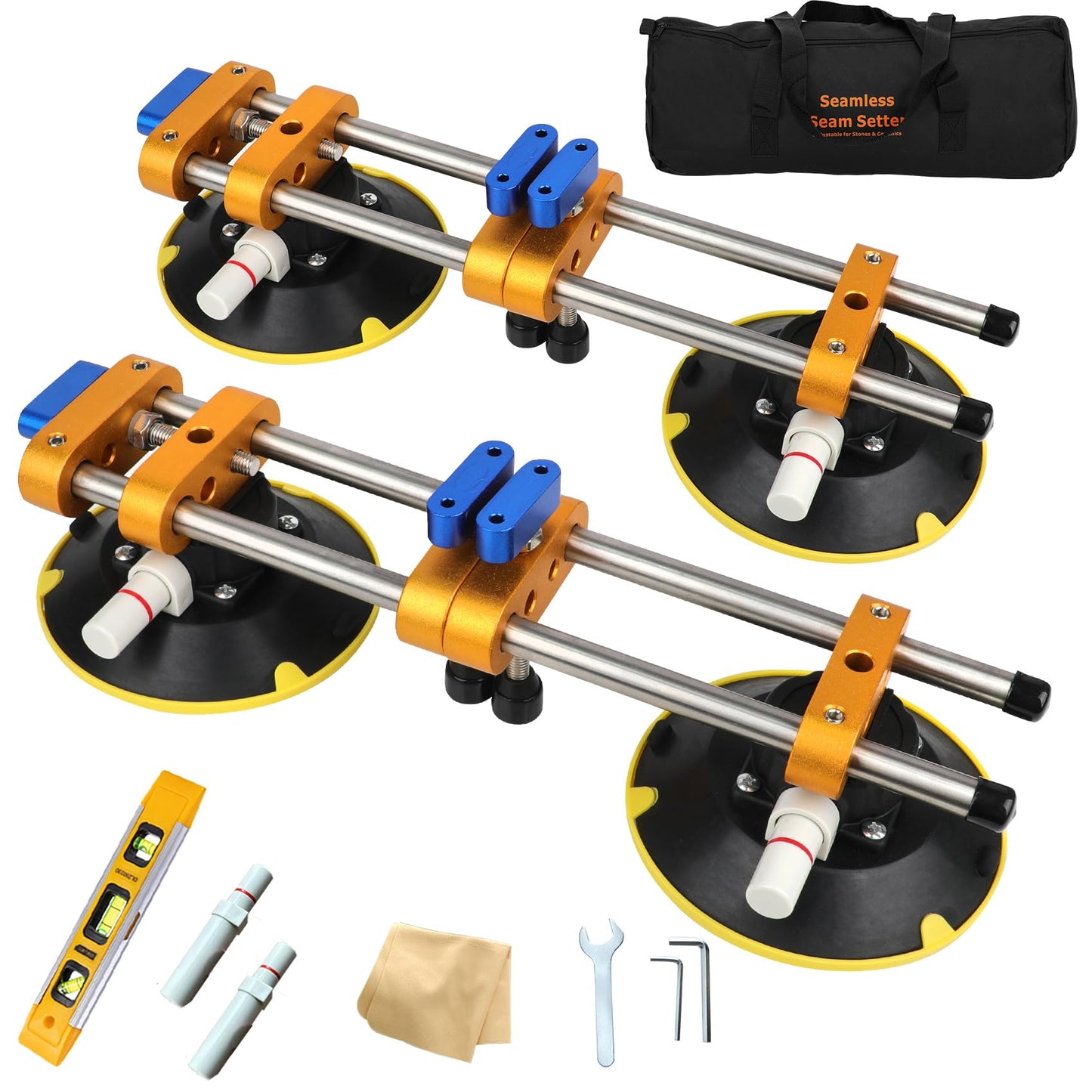 Upgrade 2 Pack Seamless Seam Setter with 6 inch Vacuum Suction Cups, Granite Seam Setter for Countertop Joining & Leveling, Seam Joiner for Stone (With Replacement Air Pump+Tool Bag+Torpedo Level）