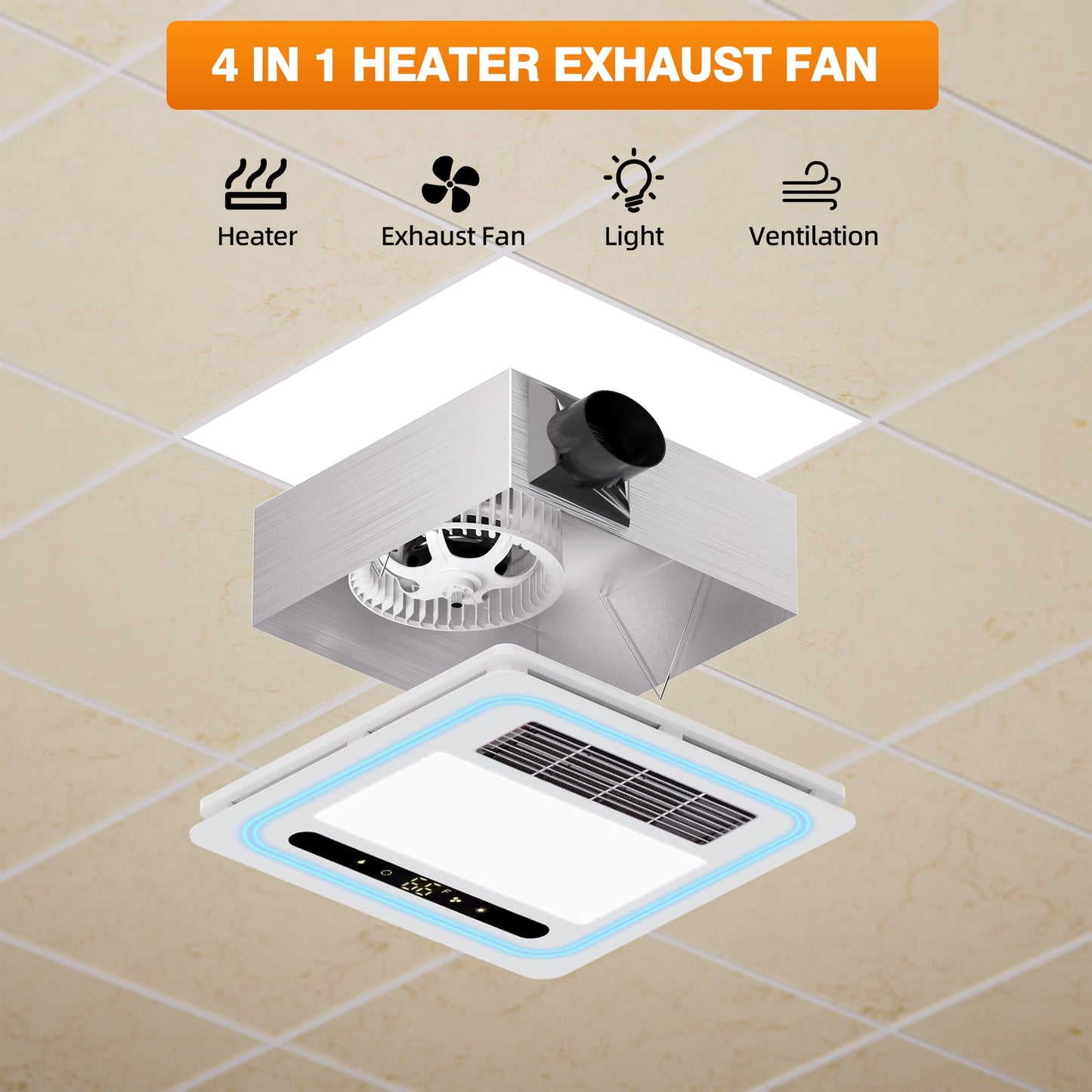 Oeukas 4-in-1 Bathroom Exhaust Fan with Light and Heater, 190 CFM Powerful Ventilation, 1800W Pro-Grade Fast Heating, 1.0 Sone Ultra-Quiet, Remote Control Ceiling Bath Fan with RGB Ambient Light