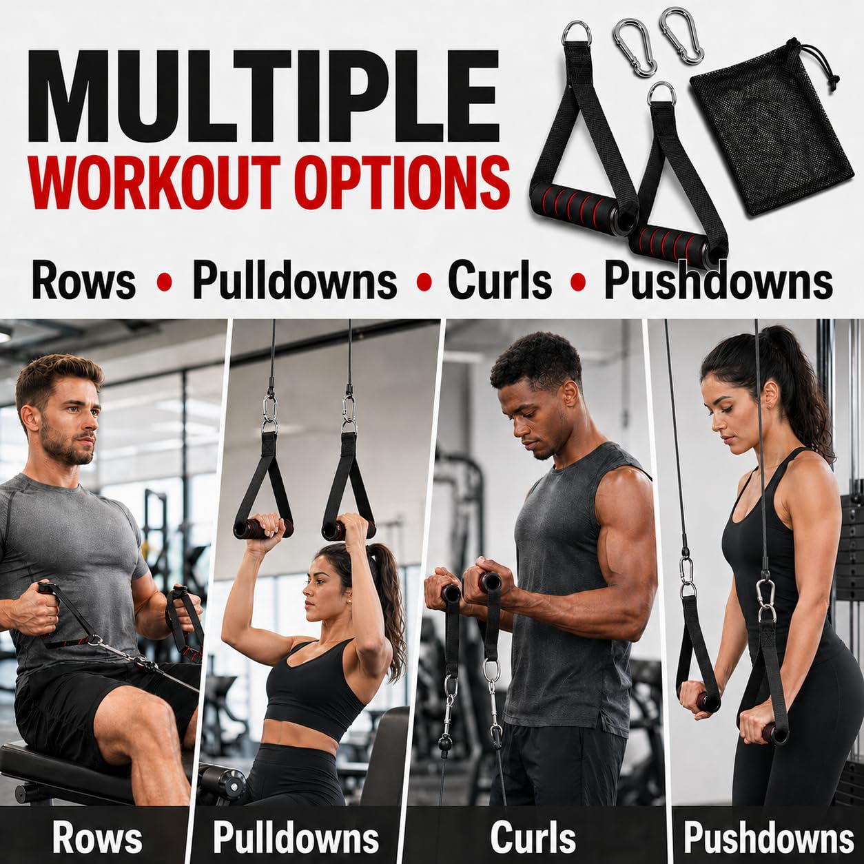 Cable Machine Handles 2 Pack, Foam Grip Exercise Handles with Carabiners and Mesh Bag for Lat Pulldown, Cable Rows, Tricep Pushdown, Resistance Bands and Home Gym Workouts