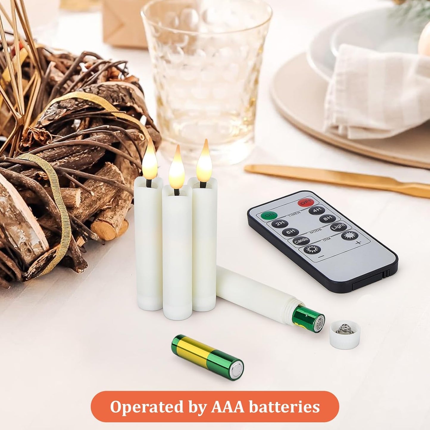 Skiennix 12-Pcs LED Taper Candles Set - Flameless Ivory Candles with 3D Wick & Remote Timer | Warm White Light