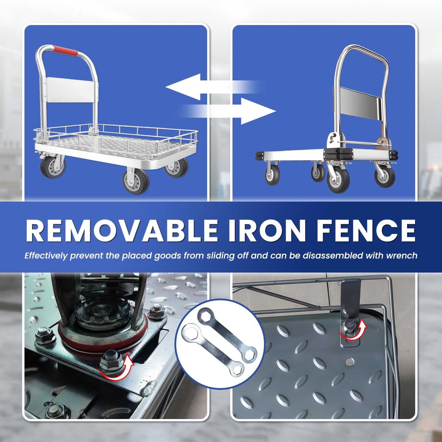 Heavy Duty Platform Truck with 6-Inch Brake Silent Wheels, Foldable Push Cart with Detachable Steel Wire Fence, Flat Hand Trucks for Gardens, Warehouses, Workshops (35.4 * 23.6 * 33.9in)