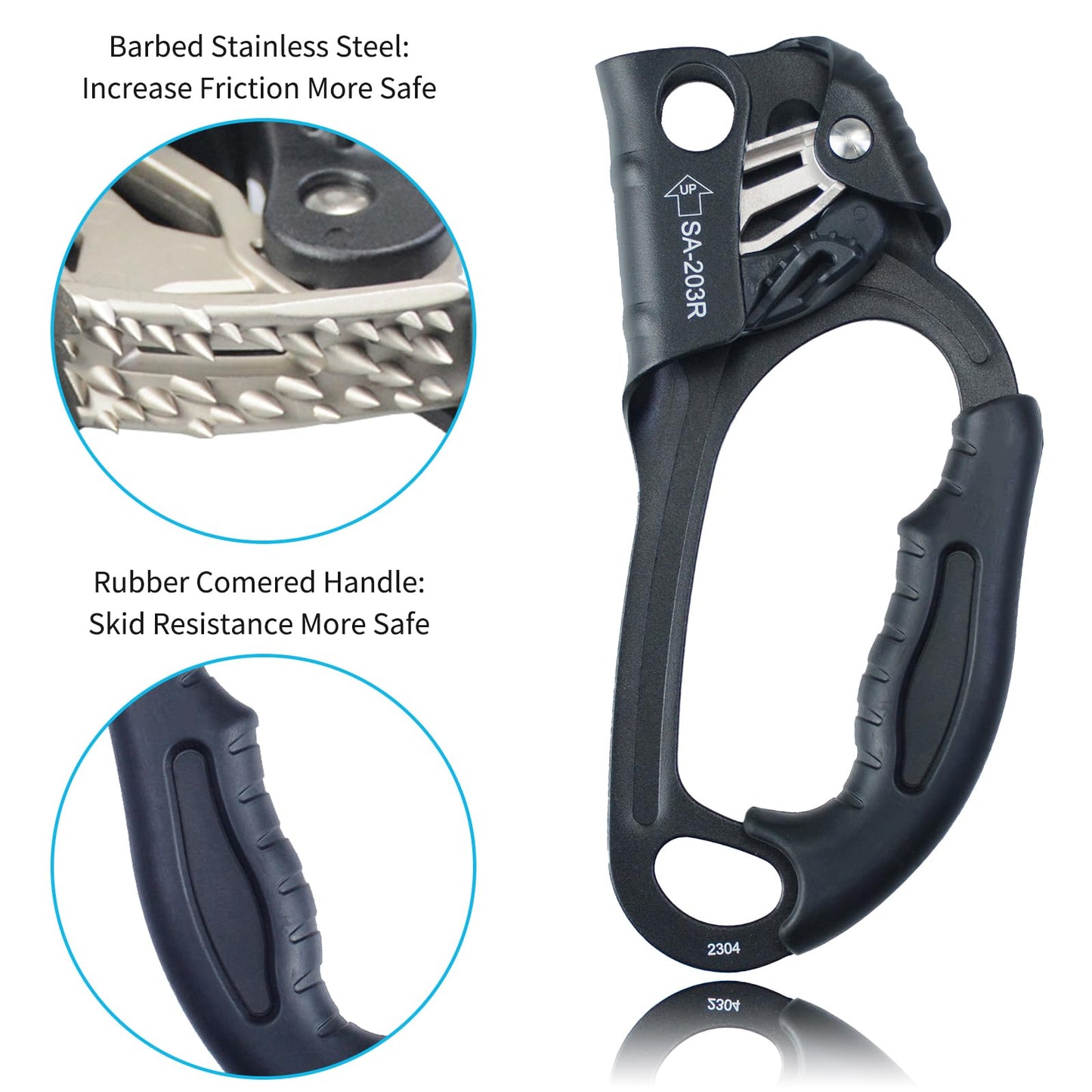 S.E.PEAK UIAA & CE Certified Climbing Rappelling Equip Hand Ascender for 8-13mm Rope Right Hand Black
