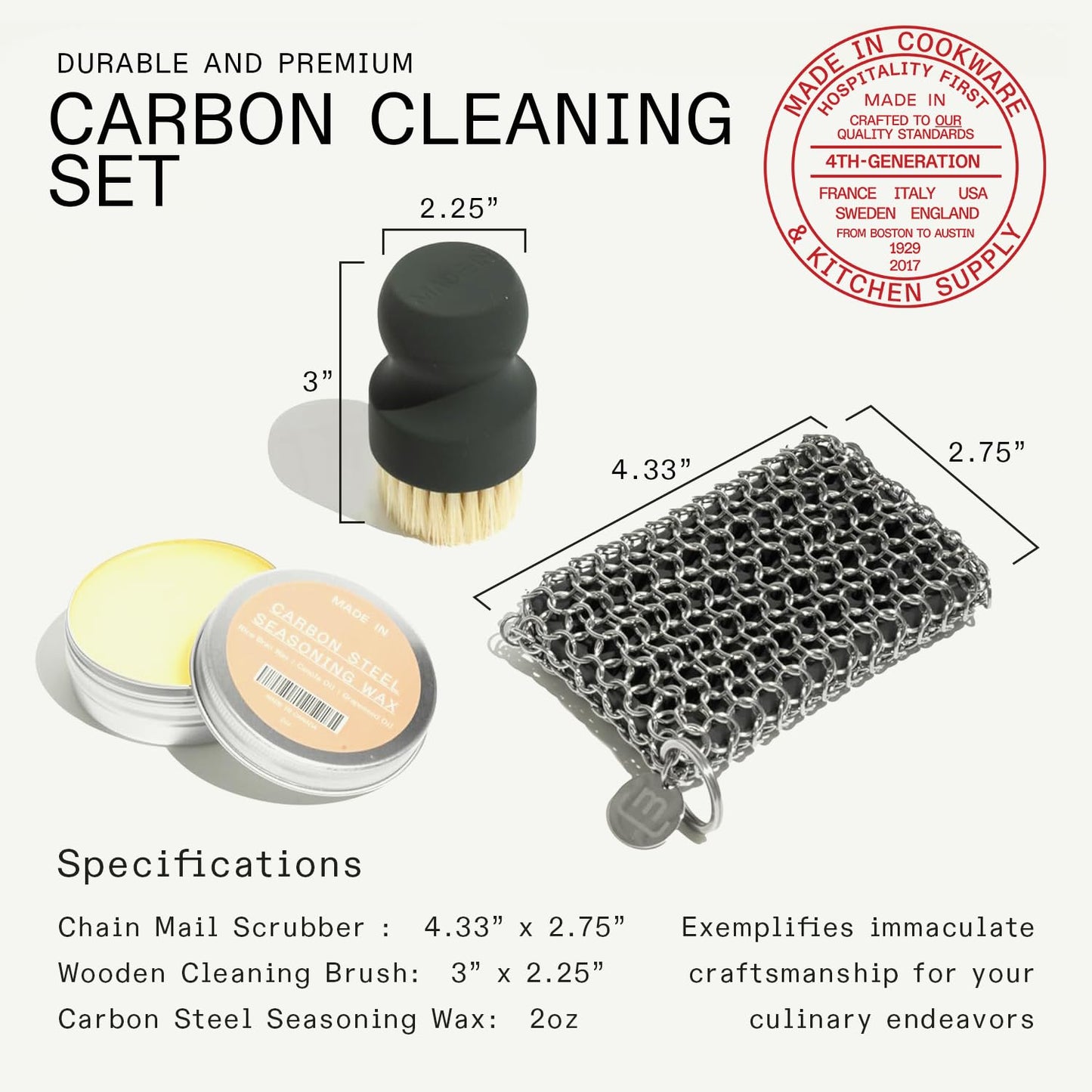 Made In Cookware | 3-Piece Carbon Steel Cleaning Set | Includes Chain Mail Scrubber, Cleaning Brush and Carbon Steel Seasoning Wax