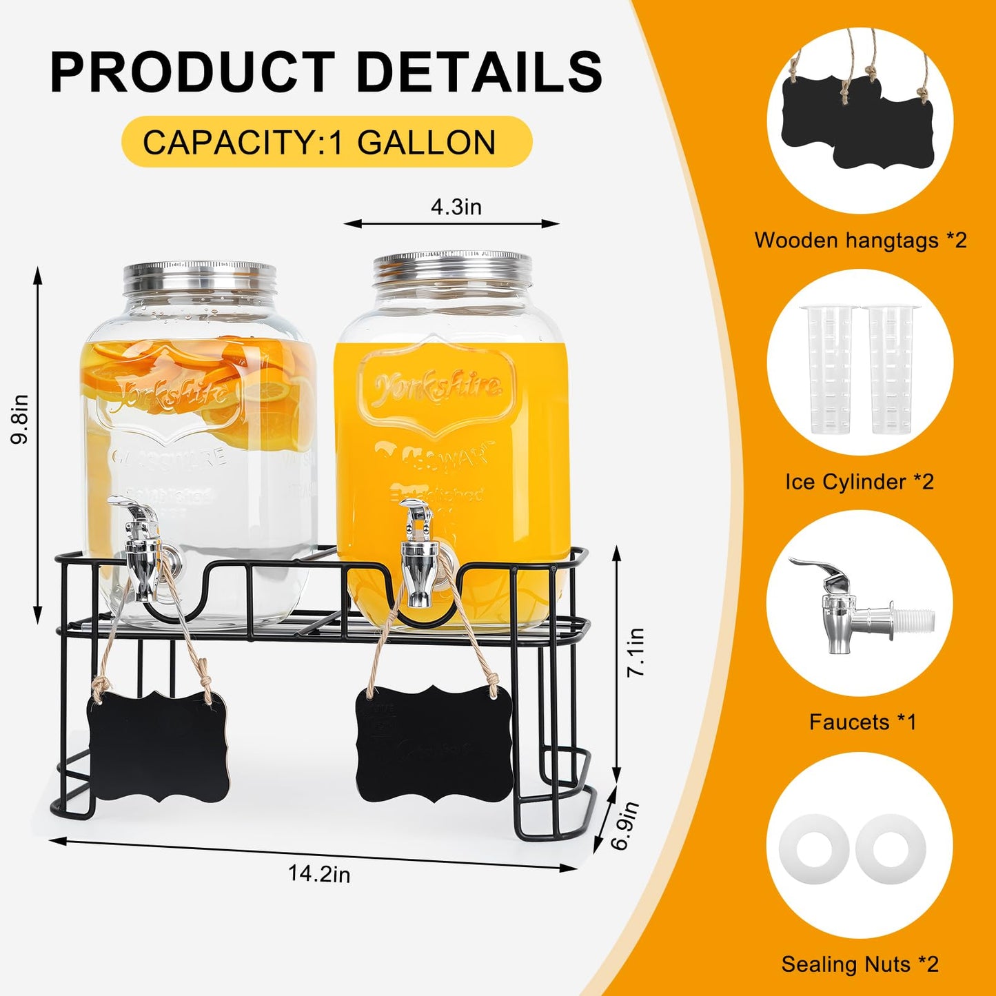 2-Pack 1 Gallon Glass Drink Dispensers for Parties - Leak-Proof Beverage Dispenser with Stand, Spigot, Ice Cylinder & Chalkboard Labels - Perfect for Lemonade, Iced Tea, and Party Drinks