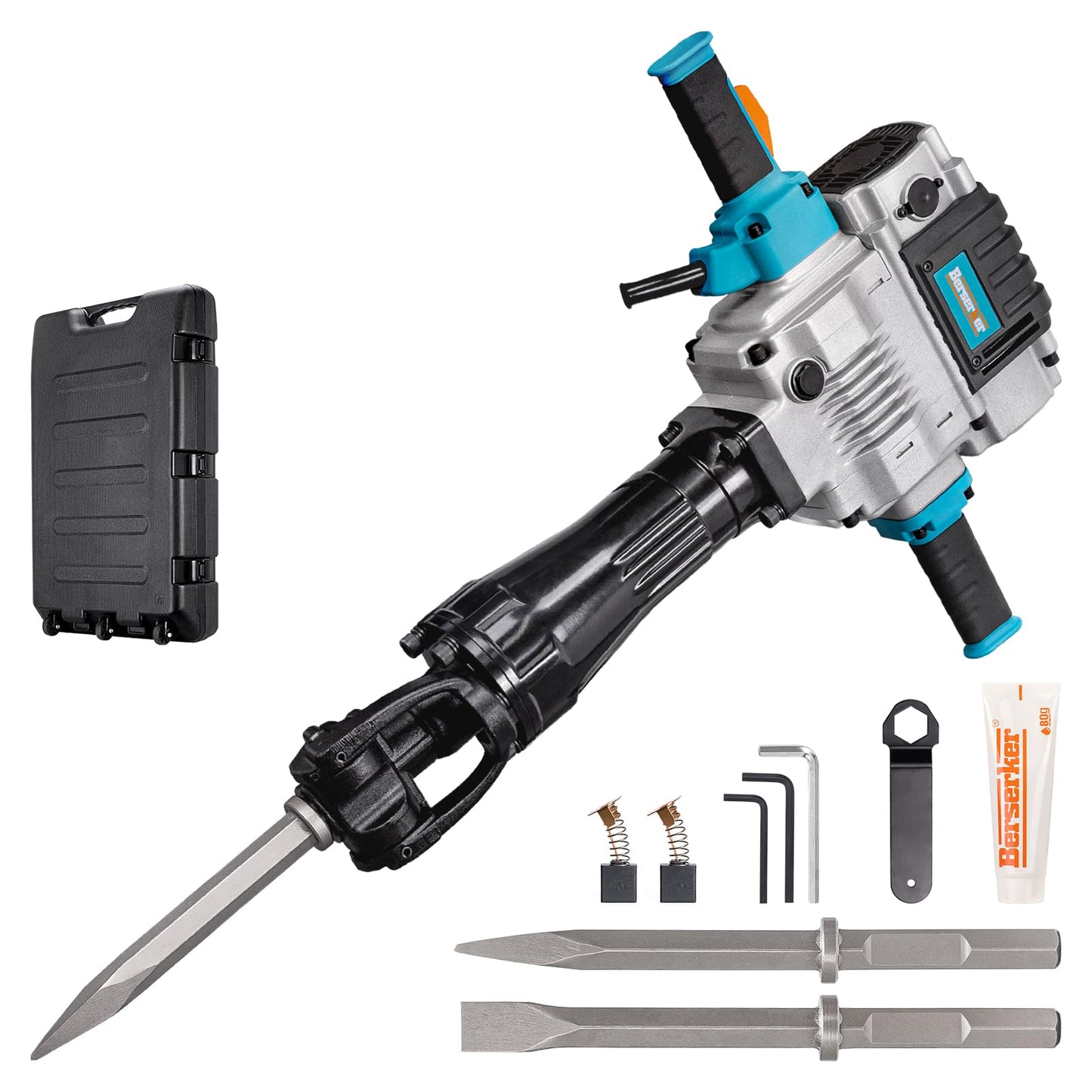 Berserker 55-Pound 1-1/8" Hex Shank Breaker Hammer, 2100W 17-Amp Heavy Duty Concrete/Pavement Demolition Jack Hammer with Carrying Case Flat Chisel & 2 Bull Point Chisel