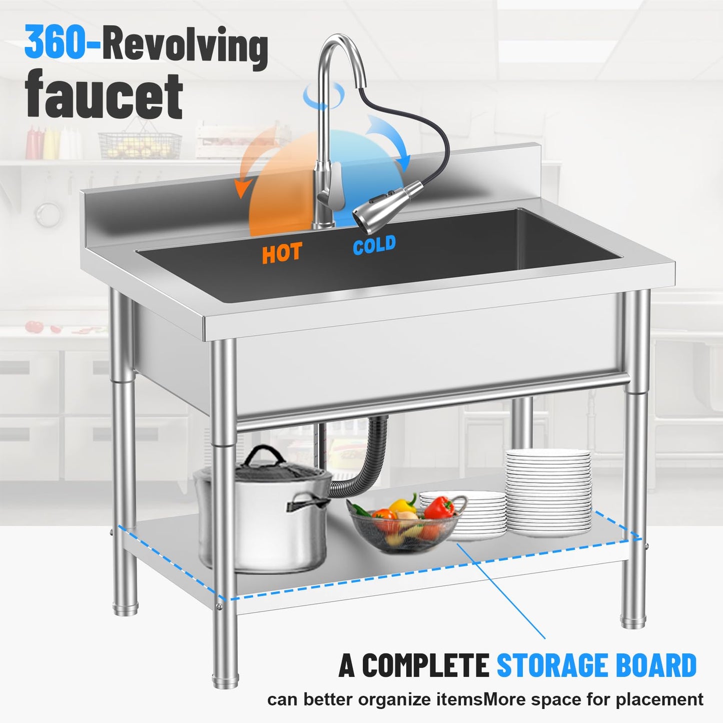 Stainless Steel Utility Sink, 39.5" × 23.6" Freestanding Sink with 360° Retractable Cold and Hot Water Faucet,Hoses and Drain Kit for Kitchens, Bathrooms, Garage, Laundry Room
