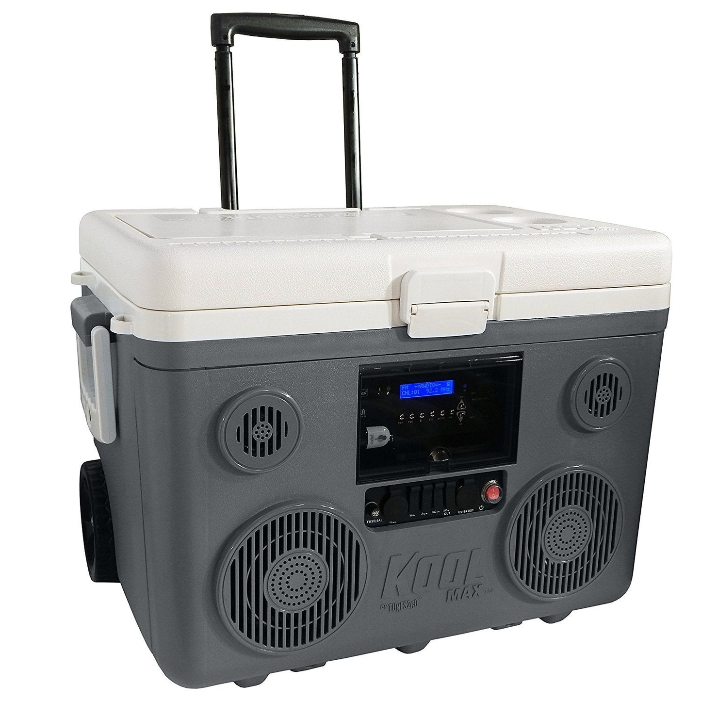 KoolMAX Cooler with Bluetooth Speaker System, 350W Boombox, 40 Qt Cooler, Rechargeable, USB 12V Car Cigarette Lighter Power Station, Guitar Amplifier, Radio, PA Machine, Karaoke, Grey