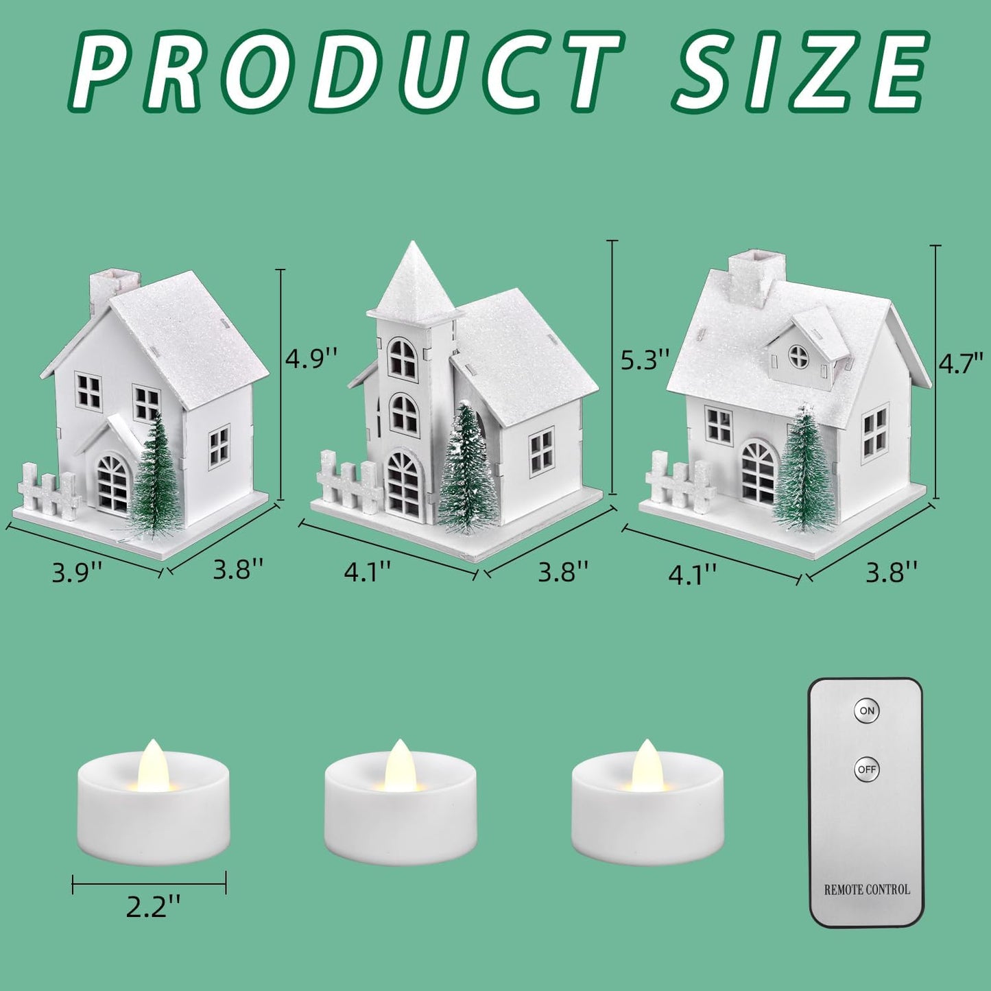 Skiennix Christmas Village Set - 3 White Xmas Houses with Remote-Control LED Candles | Indoor Table Decor