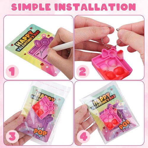 Amy&Benton 32 Pcs Mini Pop Bubble Fidget Toys, 8 Design Pop Squeeze Fidget Keychain Toys with Gifts Cards for Party Favors, Goodie Bag Stuffers Gifts for Kids School Classroom Exchange Game Prizes